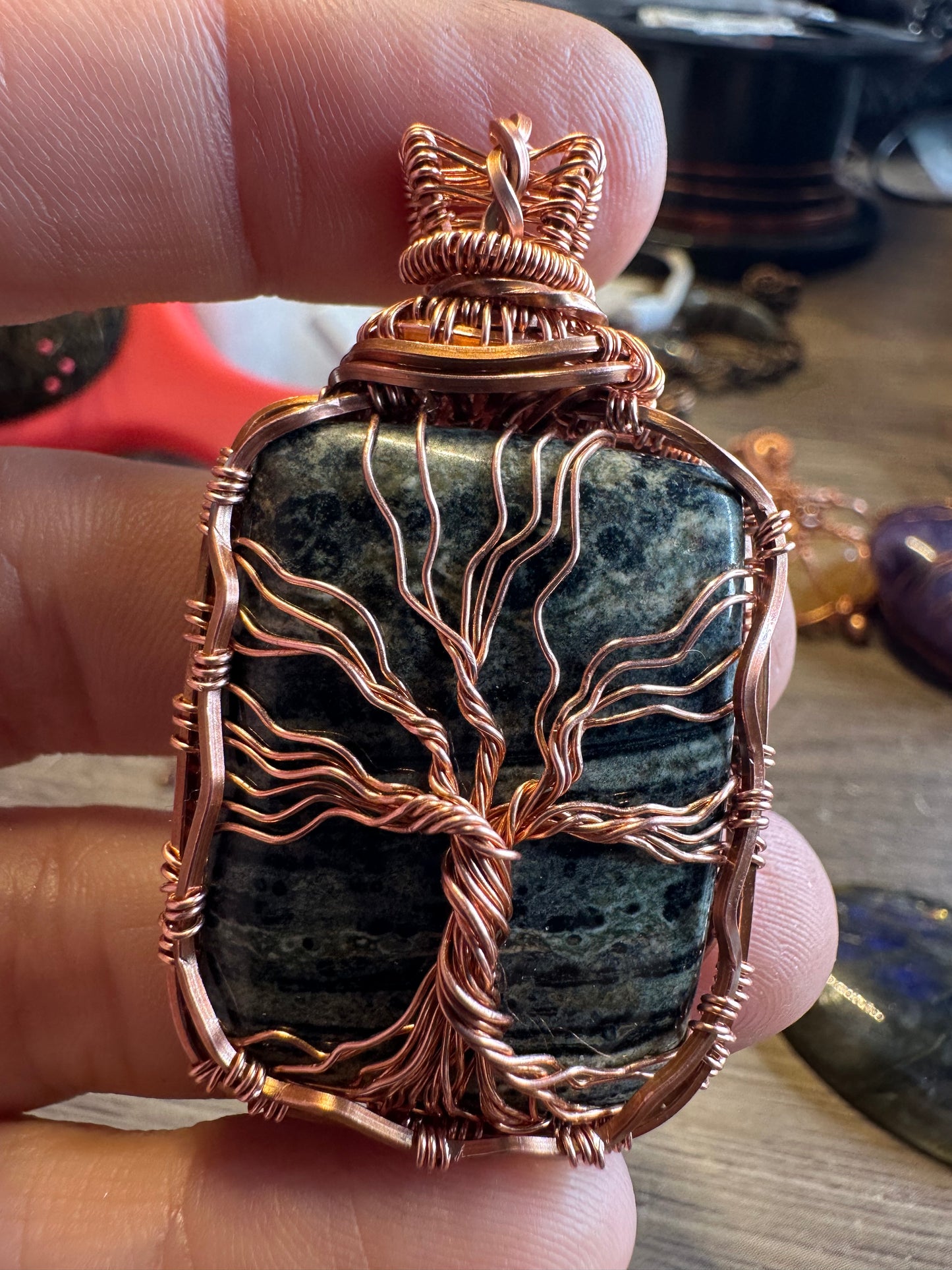 Kambaba Jasper tree of life copper pendant