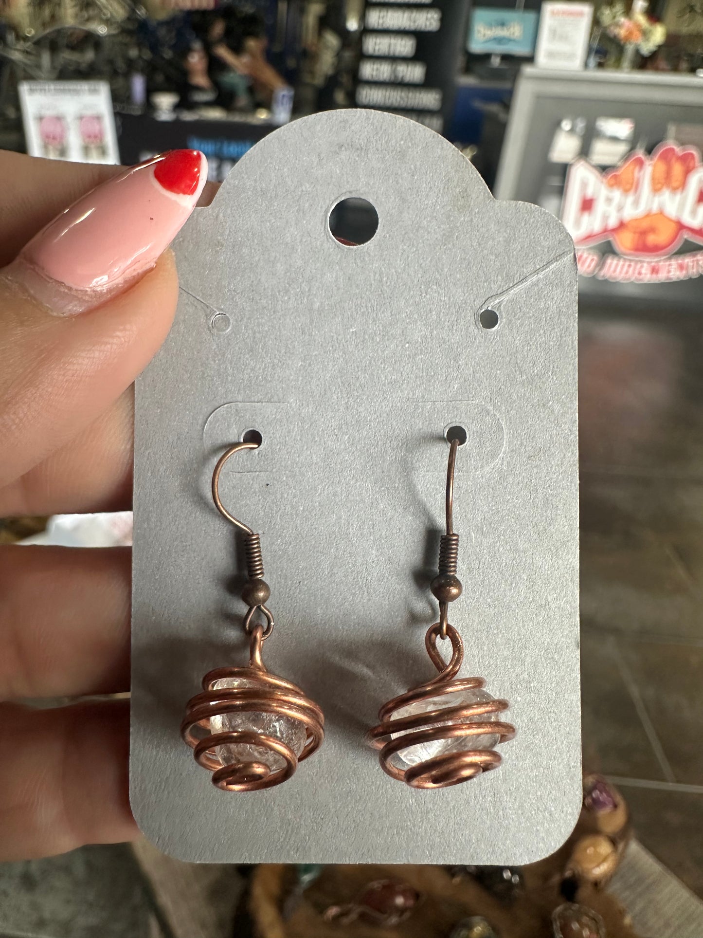 Clear quartz copper earrings