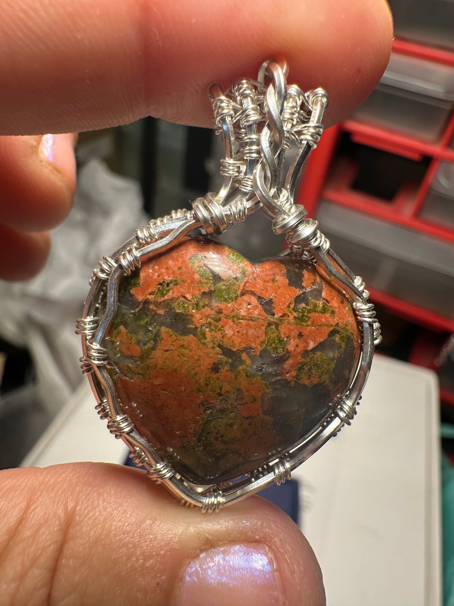 Unakite heart sterling pendant