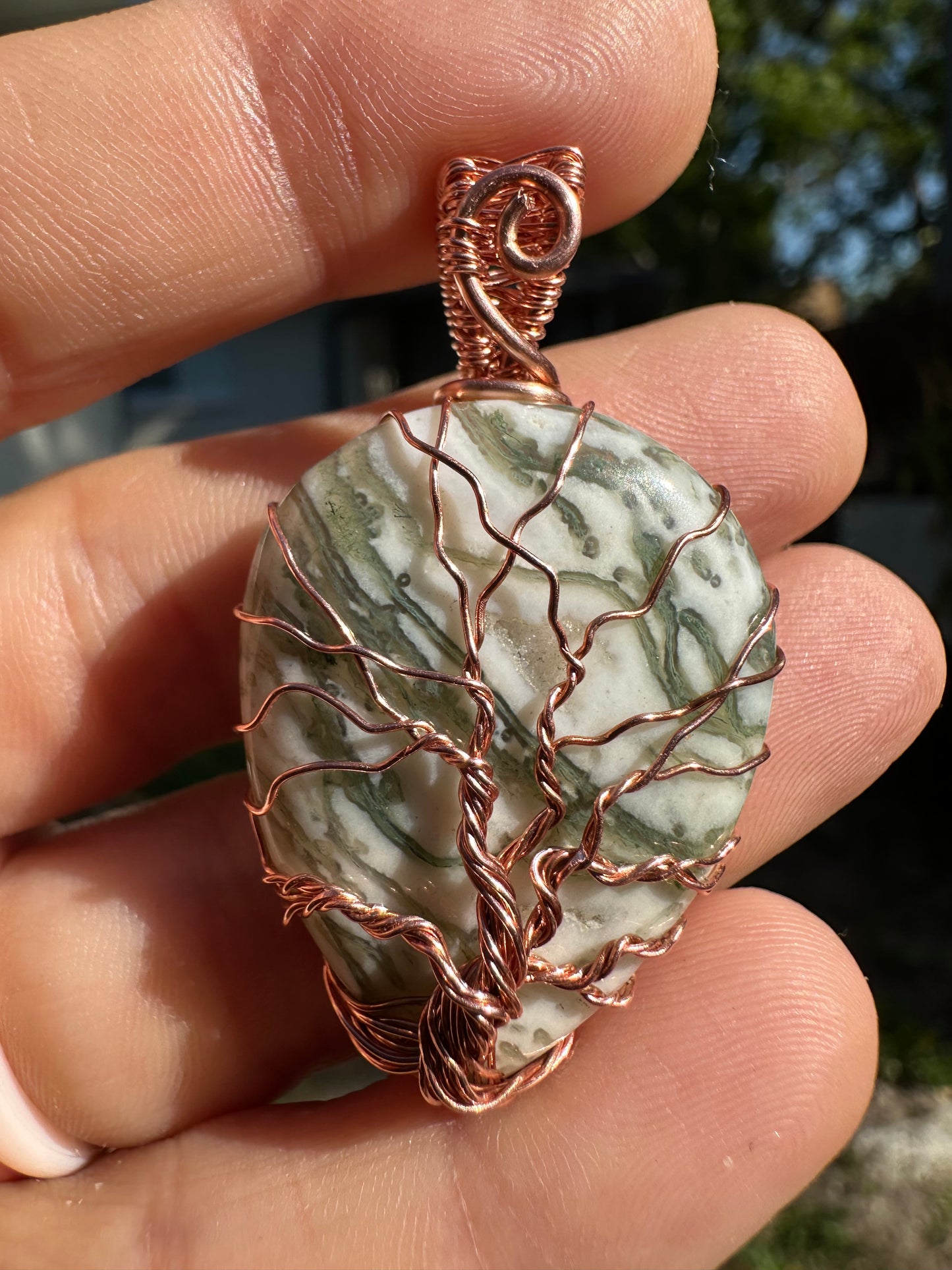 Green drusy agate tree of life copper pendant