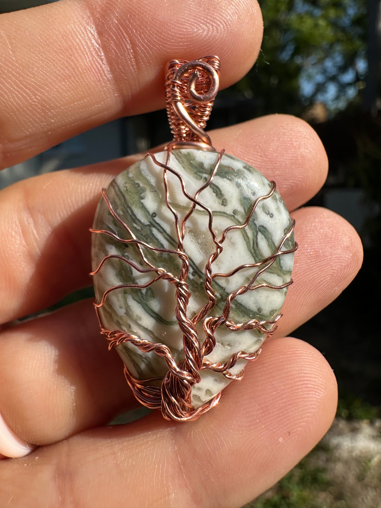 Green drusy agate tree of life copper pendant