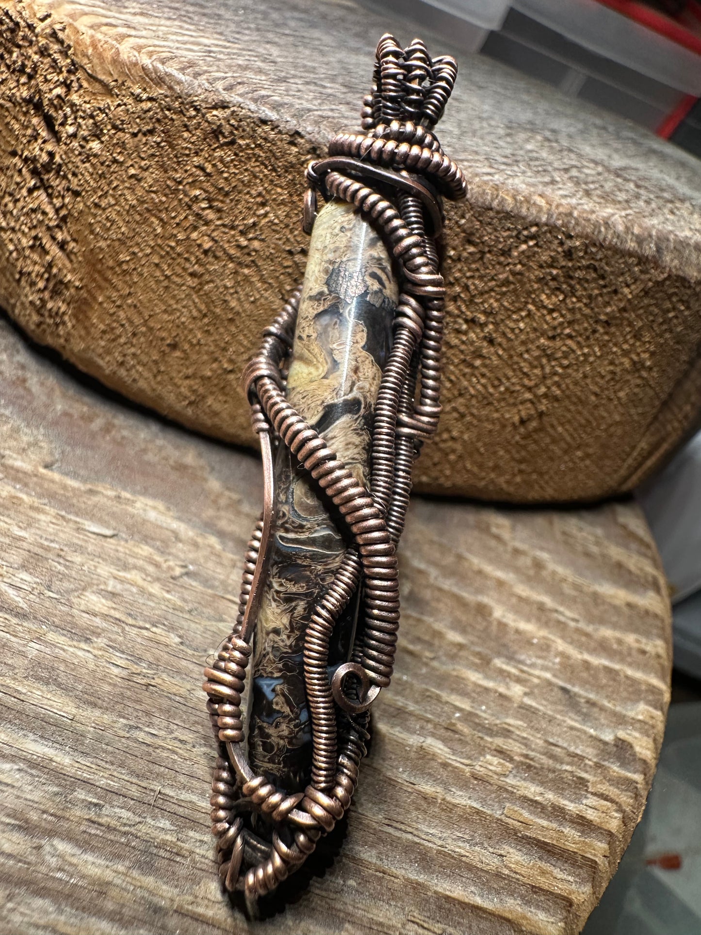 Fossil palm root copper pendant