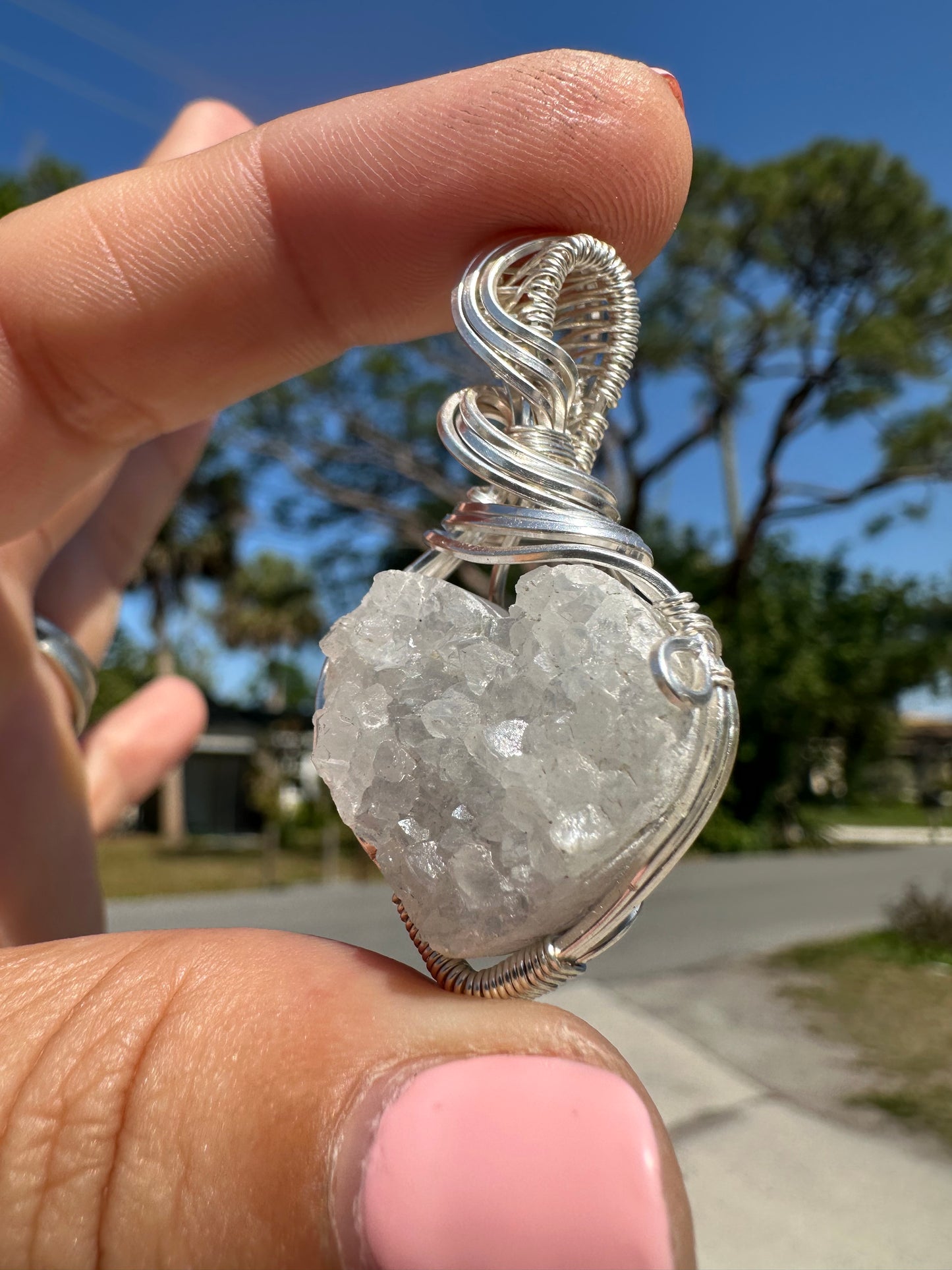 Drusy heart agate sterling pendant