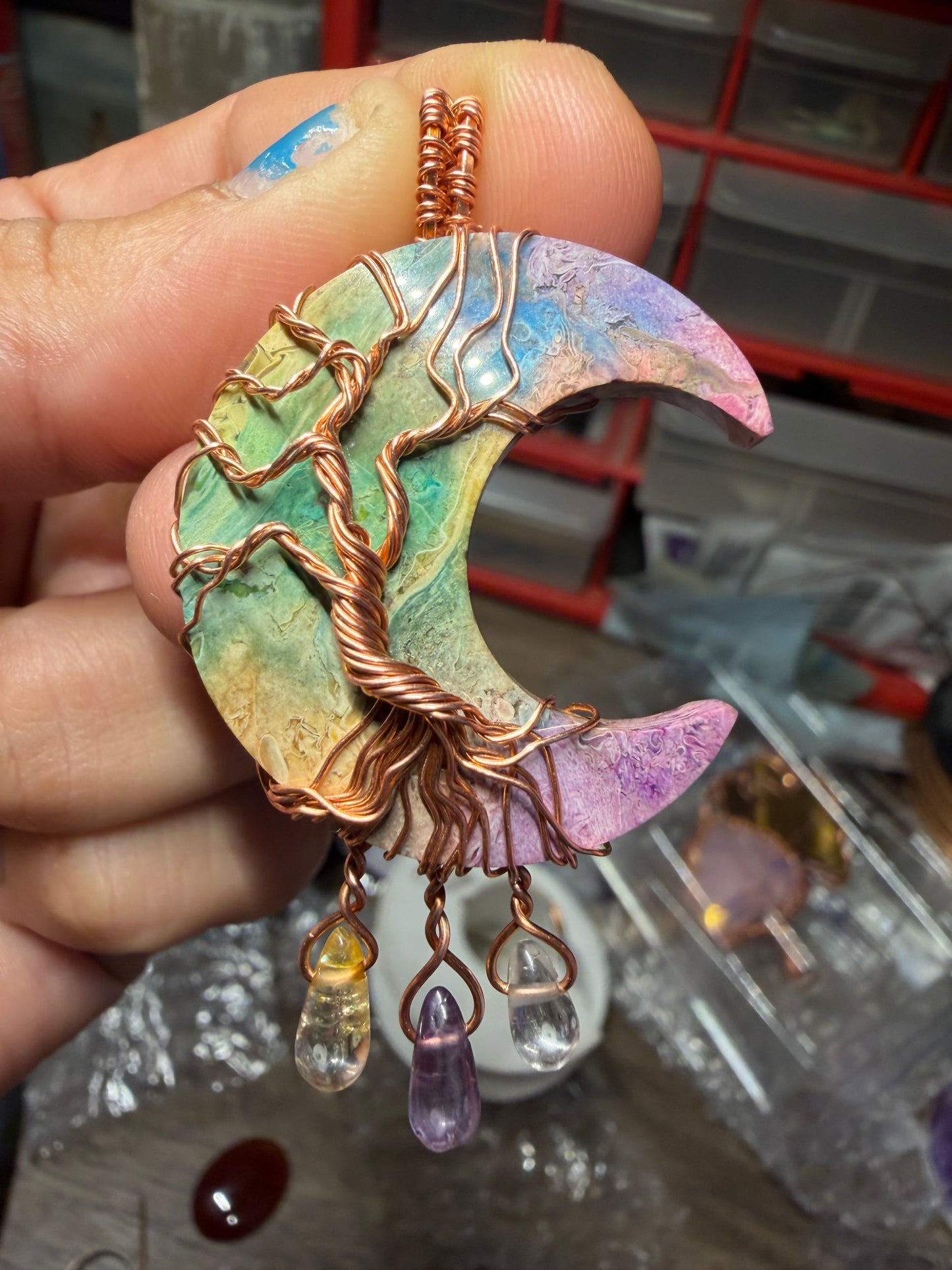 Fossil palm root moon copper pendant (dyed)