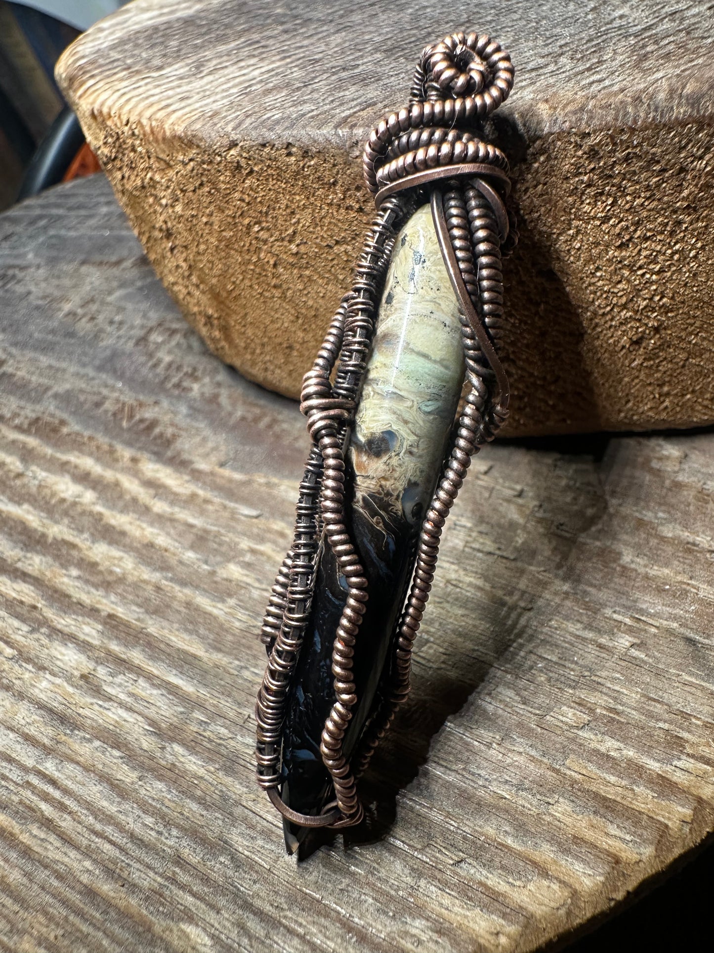 Fossil palm root copper pendant