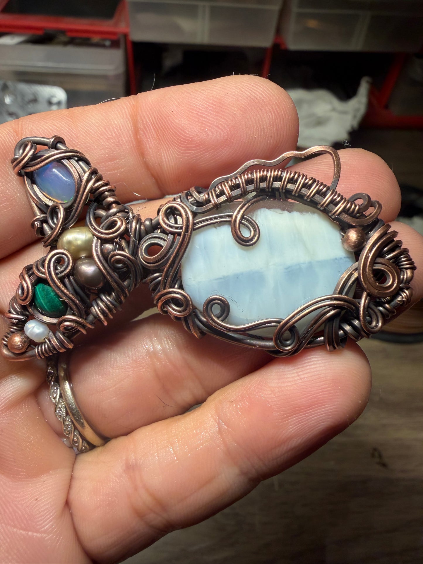 Blue opal Fish inspired copper pendant