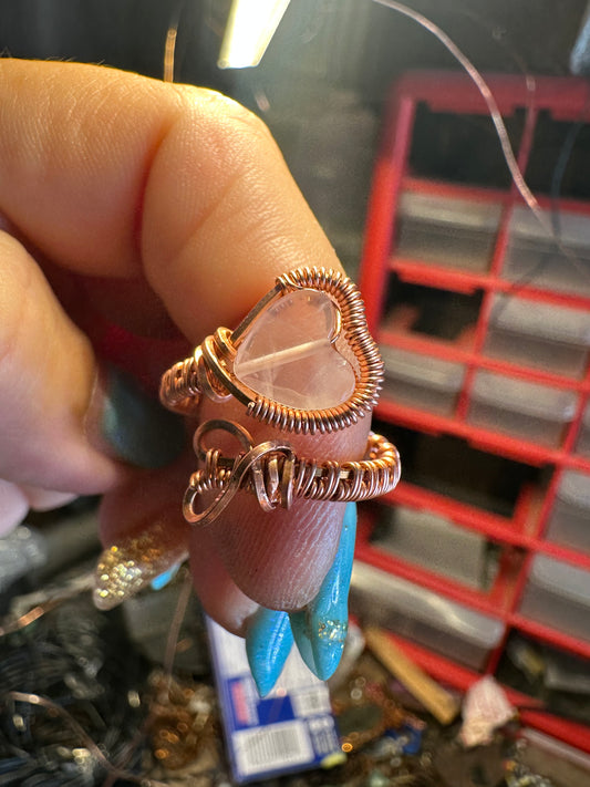 Rose quartz heart adjustable copper ring