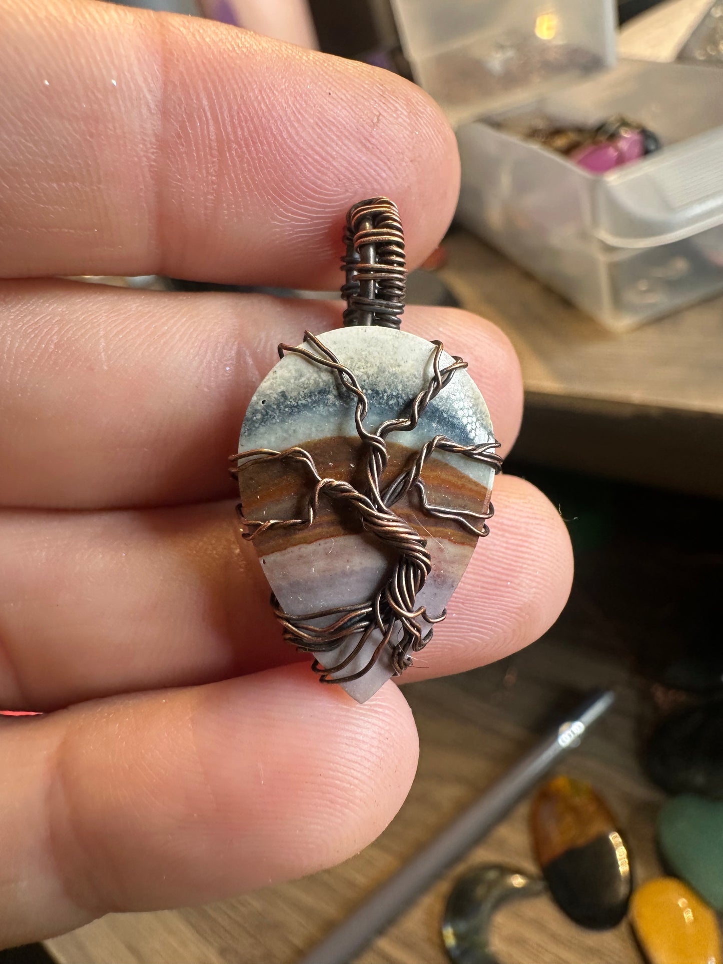 Banded agate tree of life copper pendant