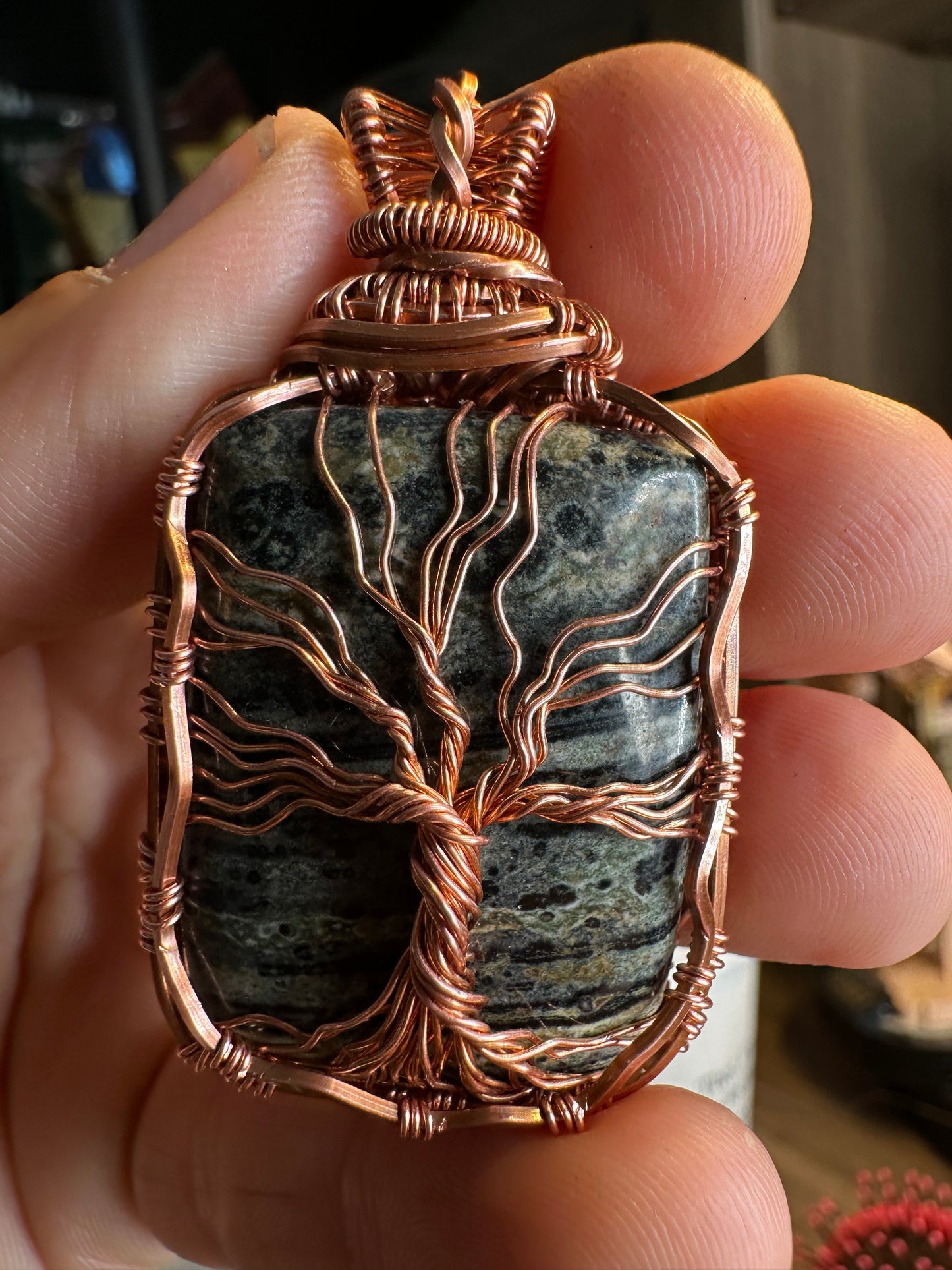 Kambaba Jasper tree of life copper pendant