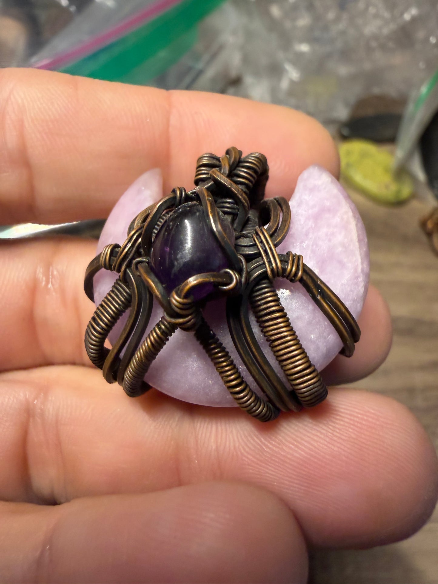Amethyst and lepidolite moon copper pendant