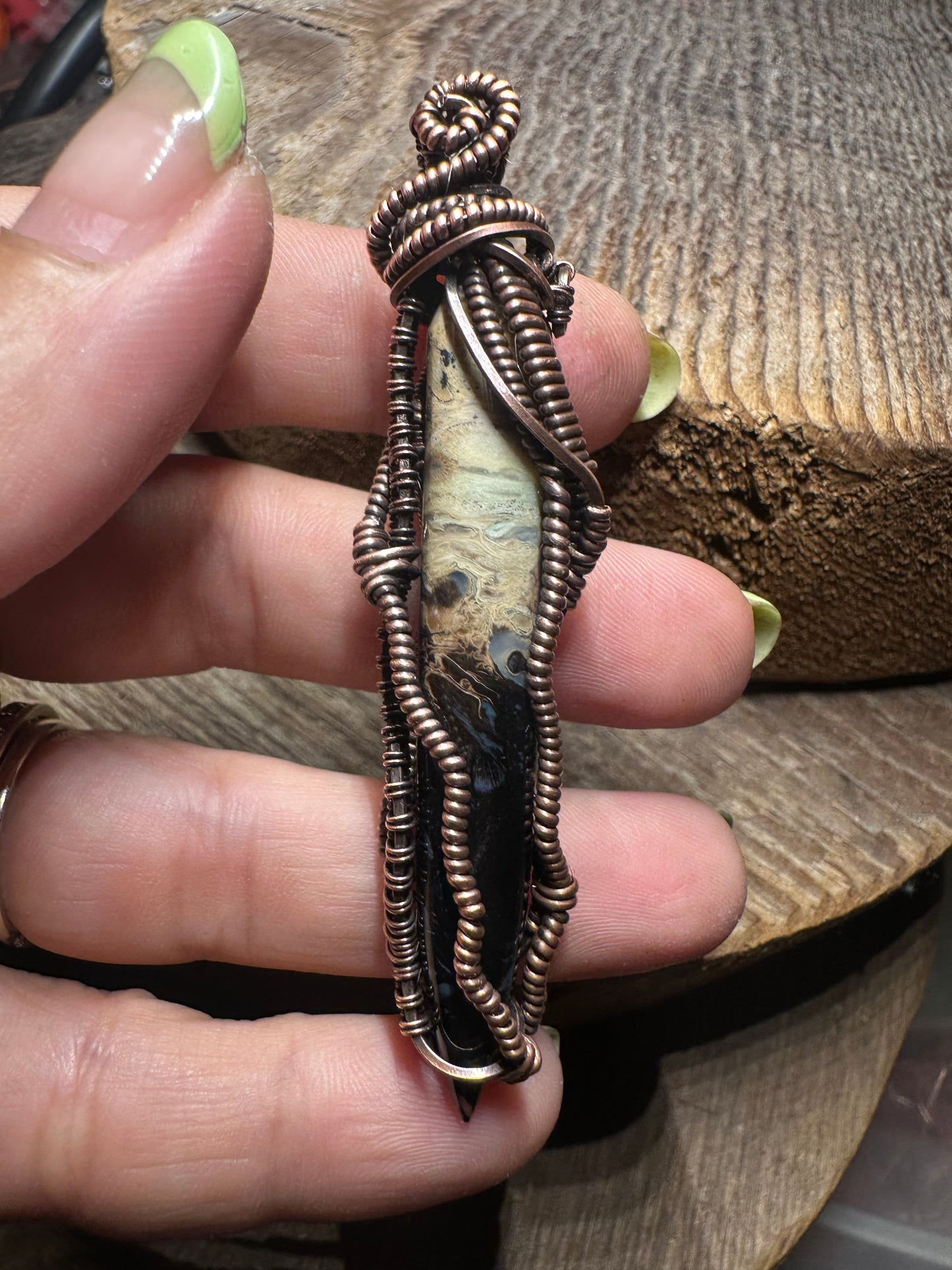 Fossil palm root copper pendant
