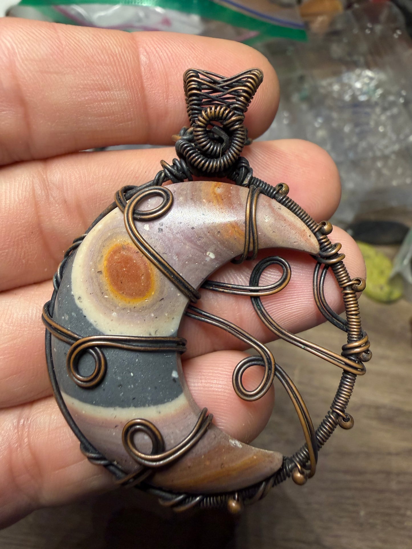 Gorgeous jasper moon copper pendant