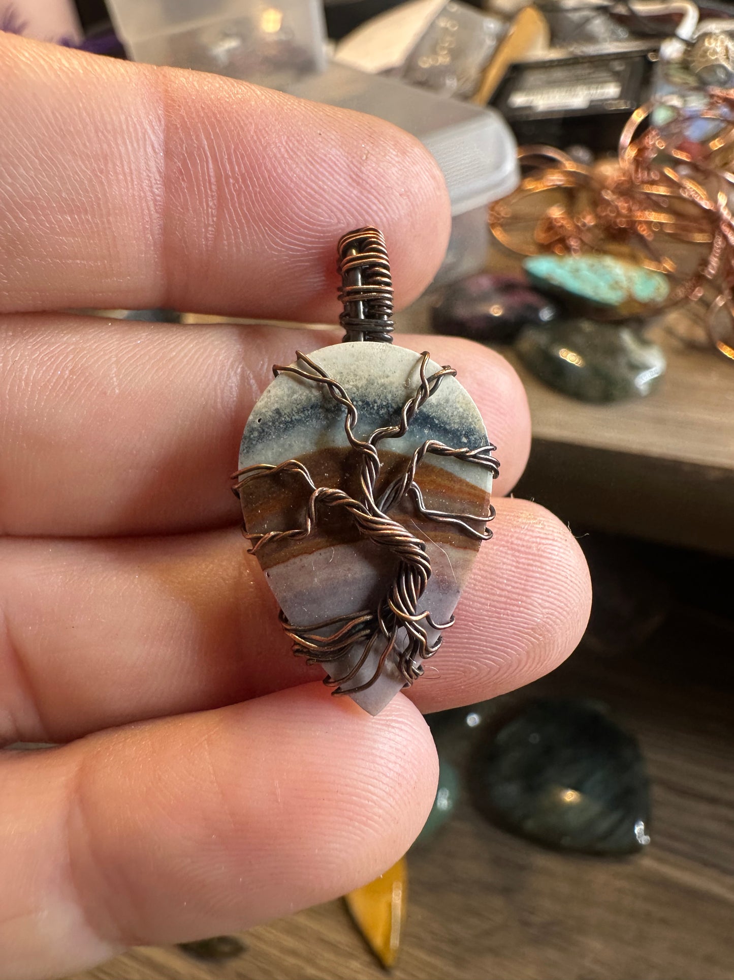 Banded agate tree of life copper pendant