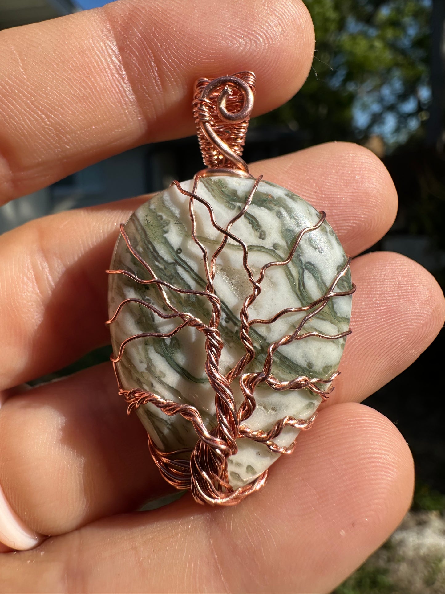 Green drusy agate tree of life copper pendant