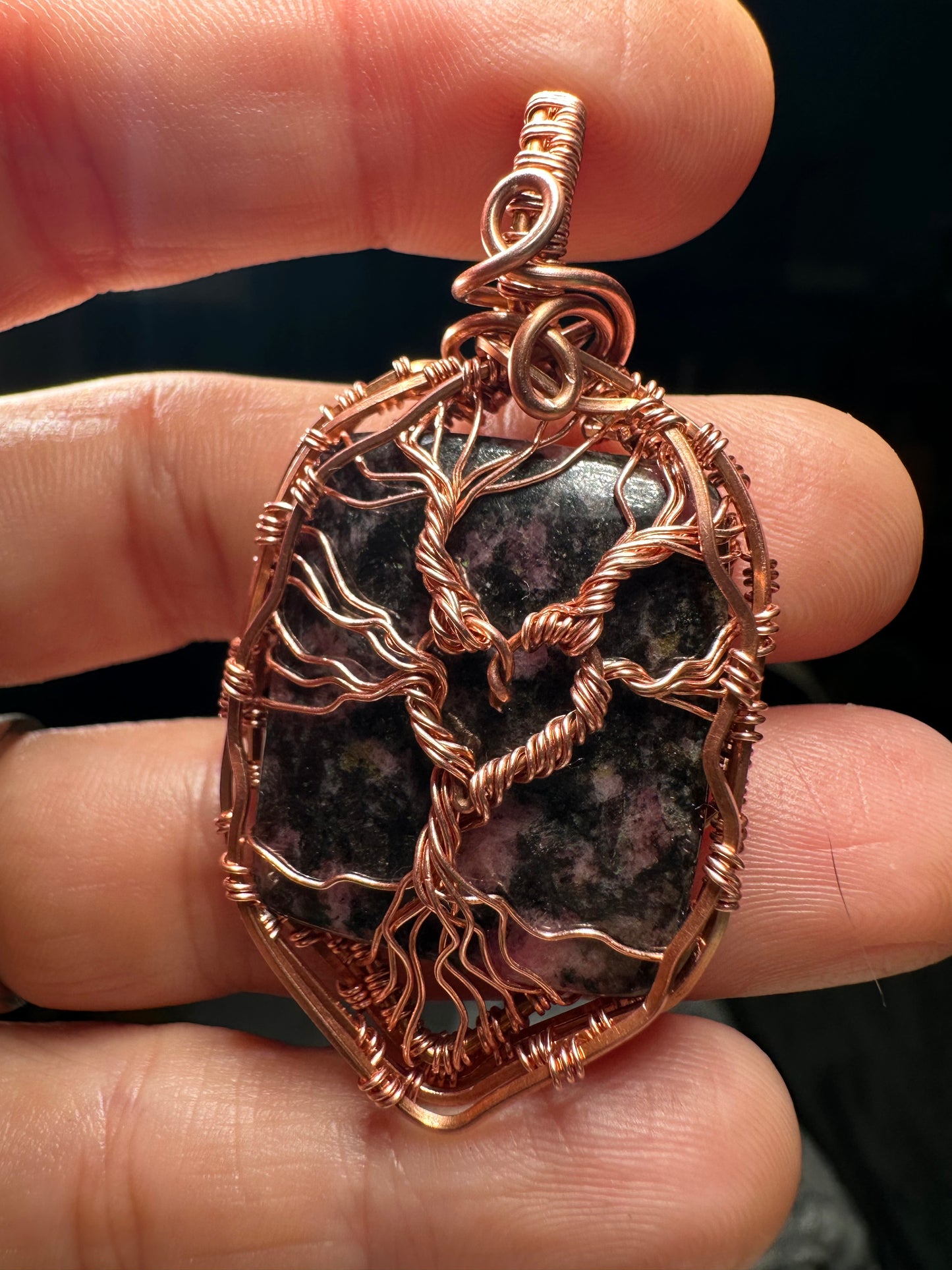 Rhodonite tree of life copper pendant