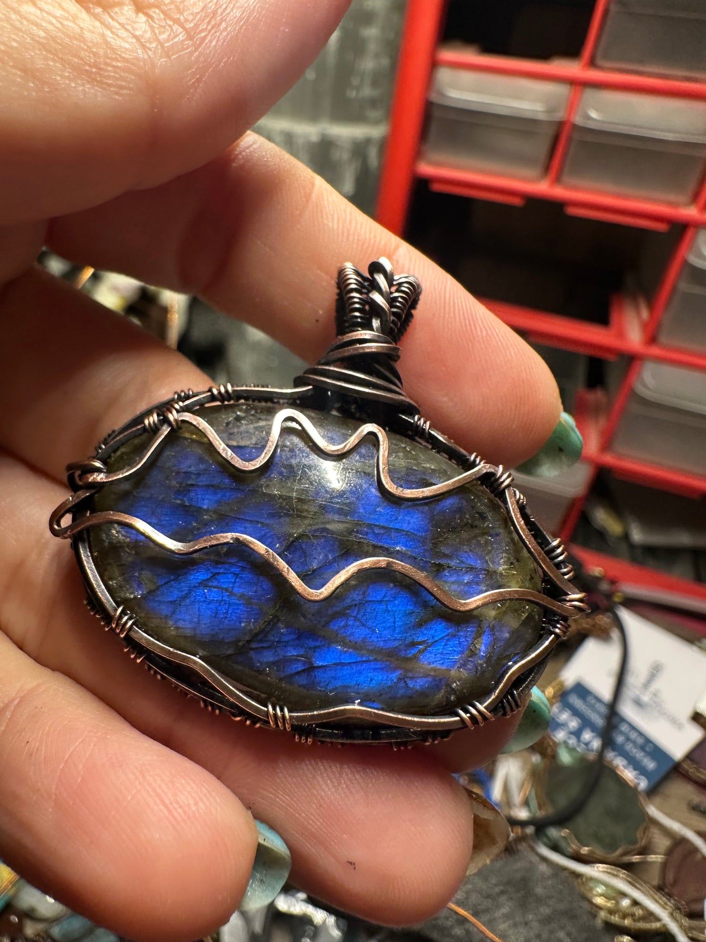 Labradorite bat copper pendant
