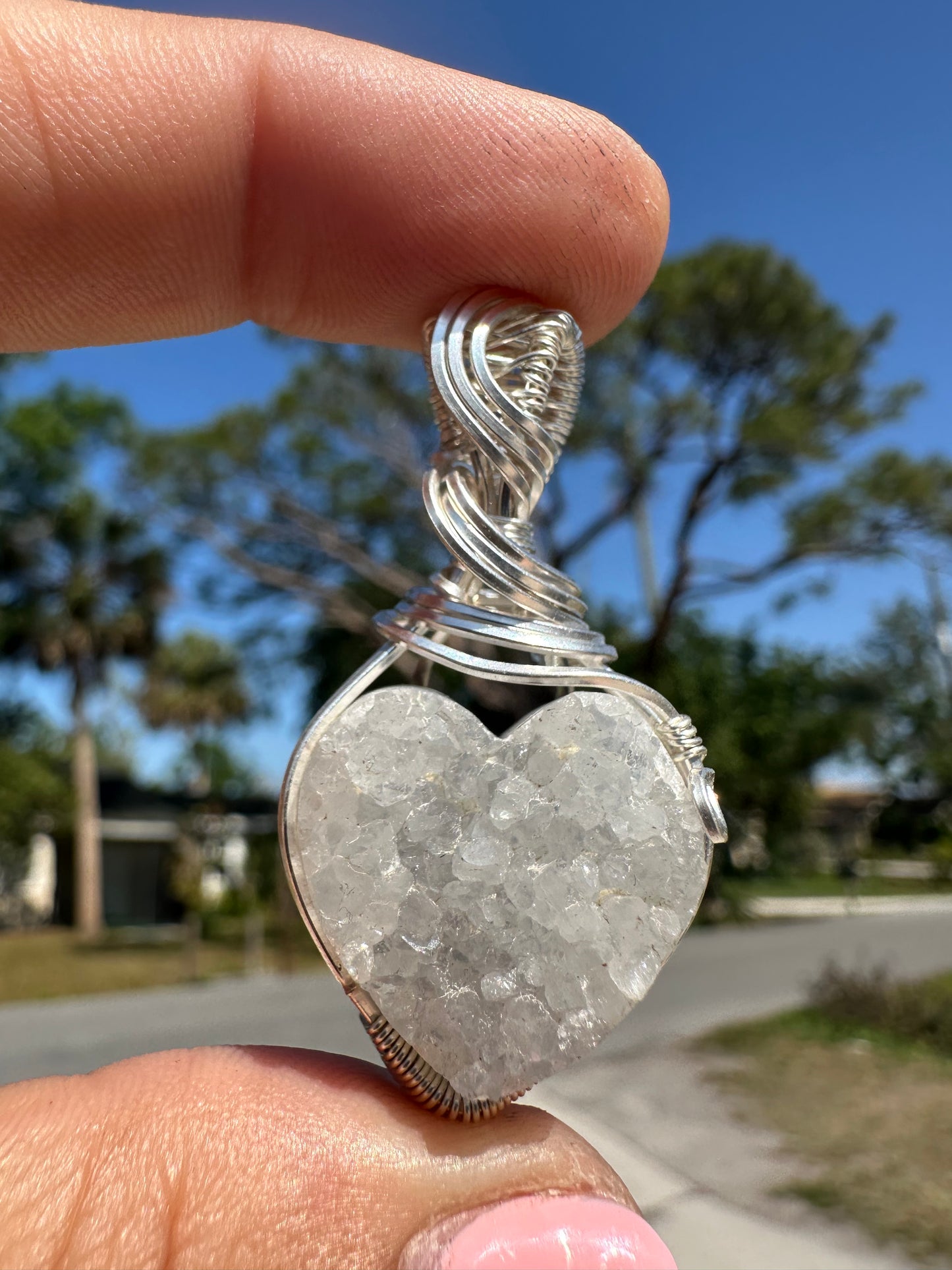 Drusy heart agate sterling pendant