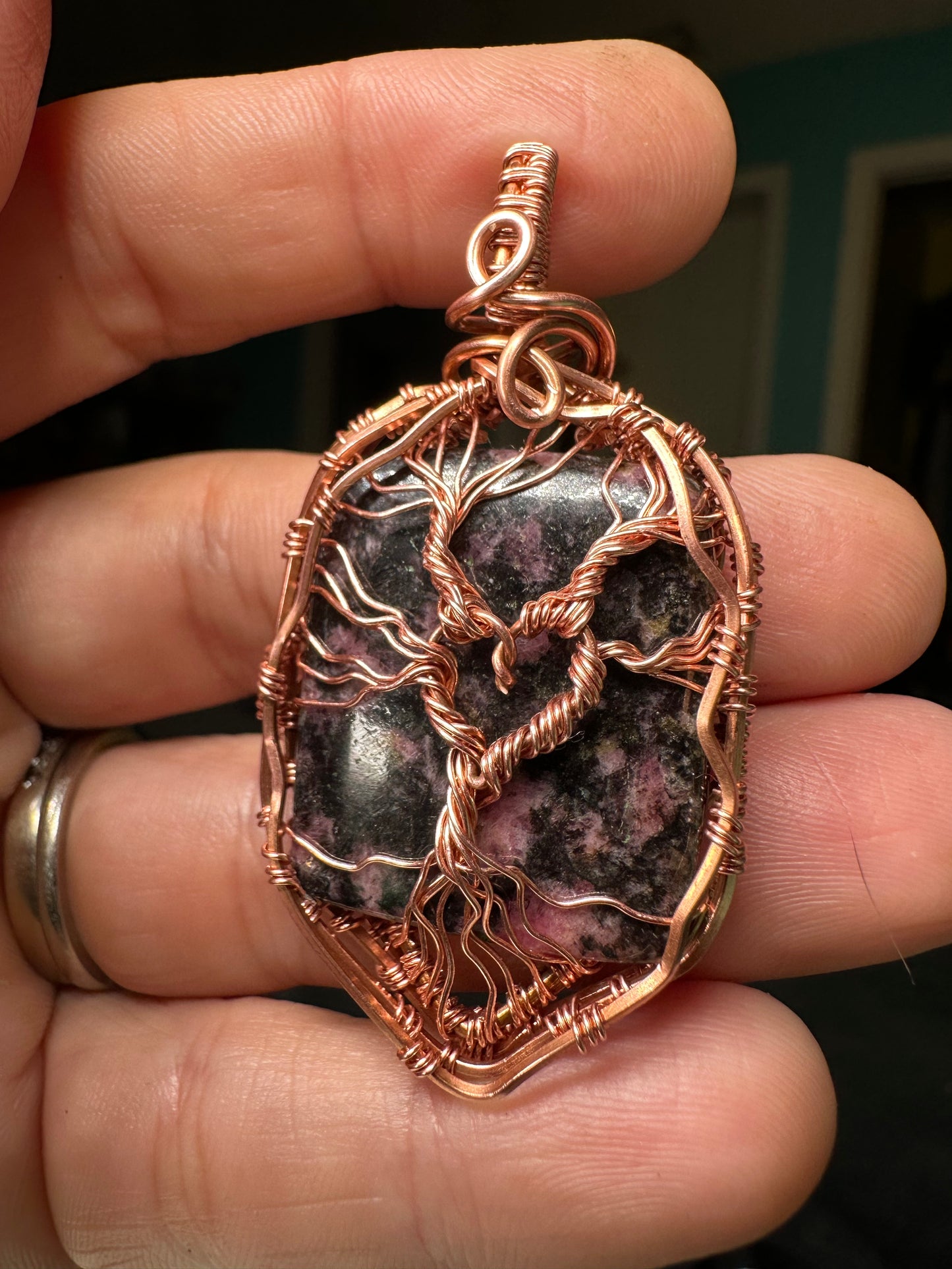 Rhodonite tree of life copper pendant