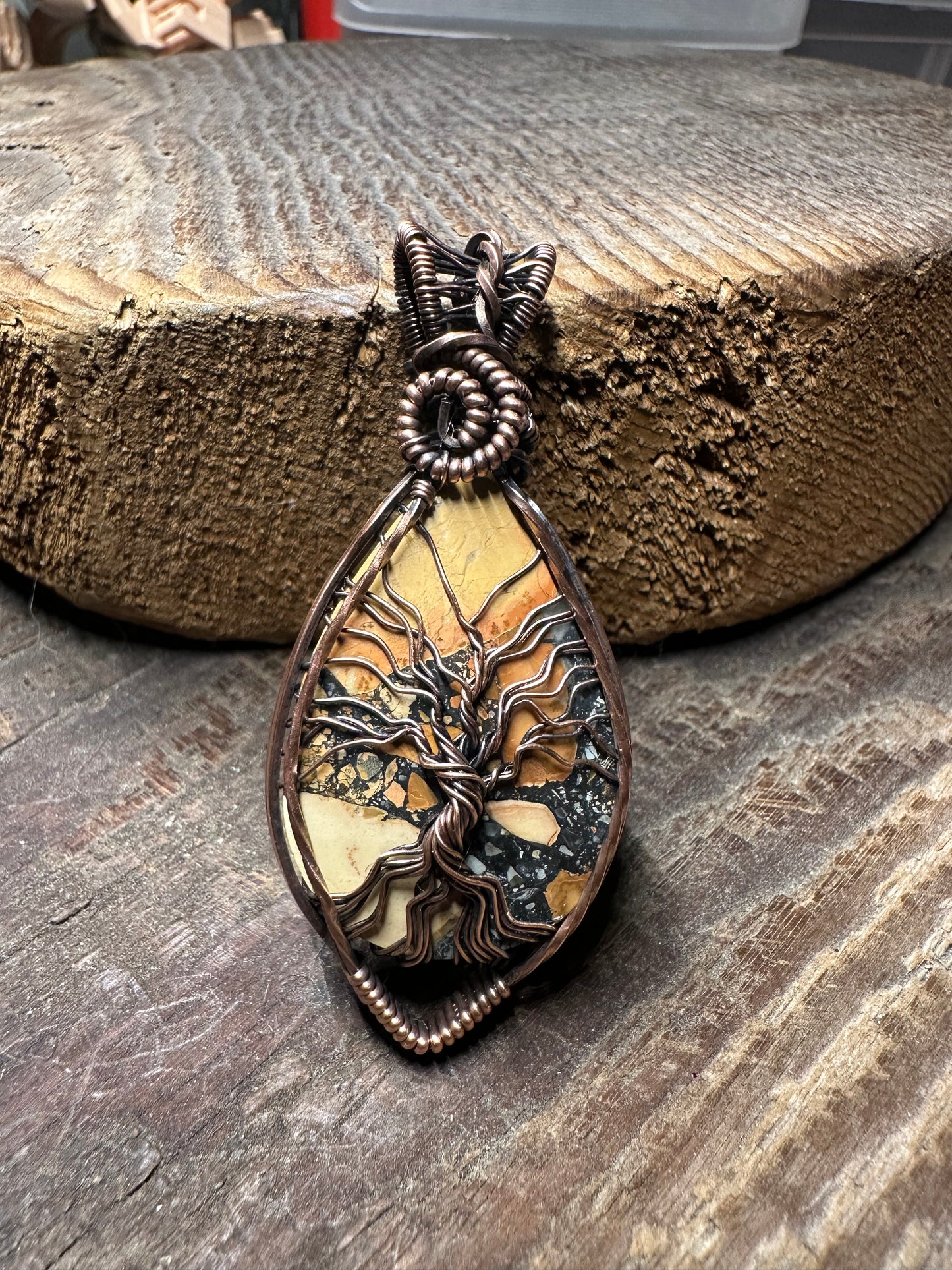 Maligano jasper Tree of life copper pendant