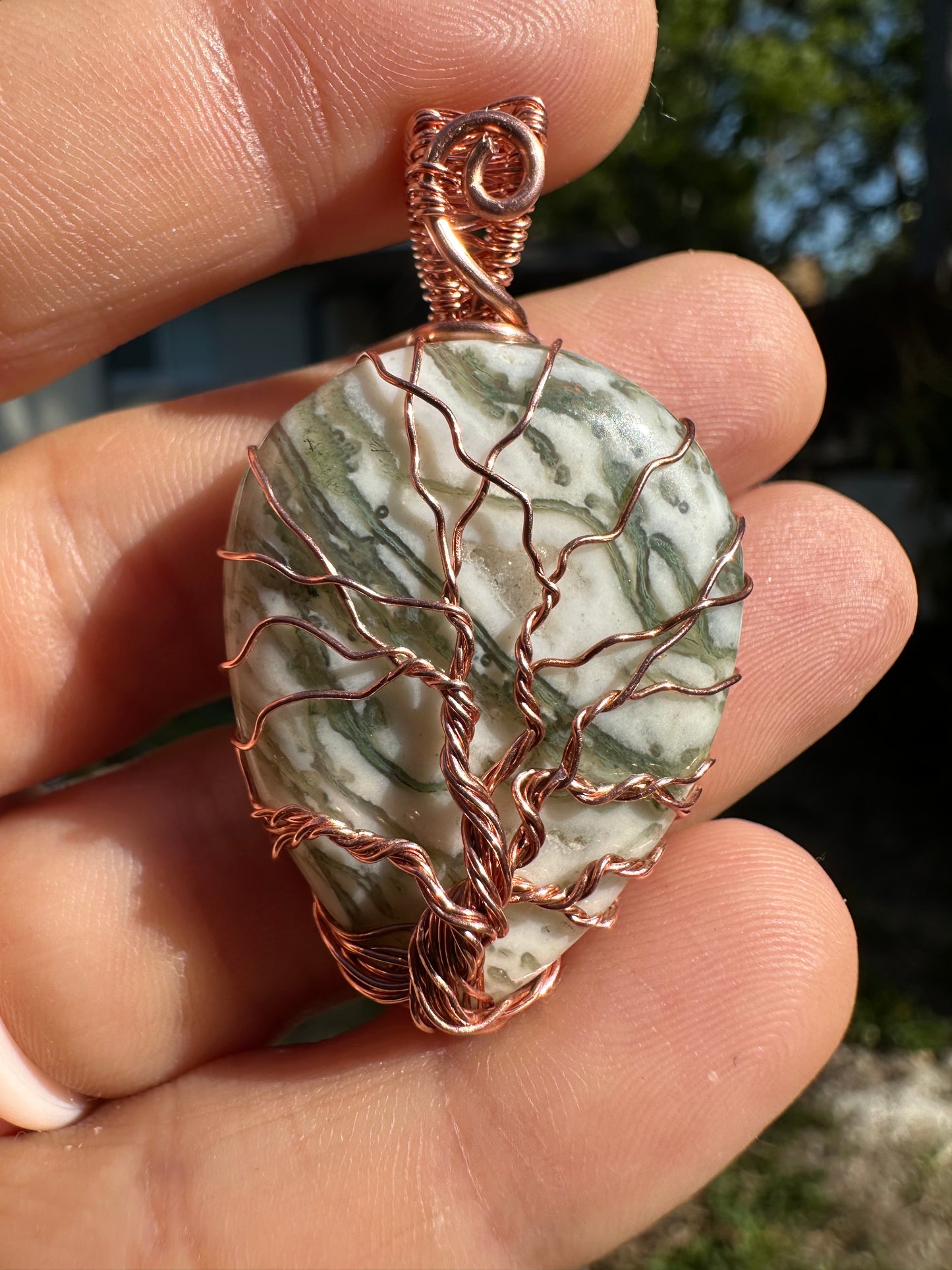 Green drusy agate tree of life copper pendant