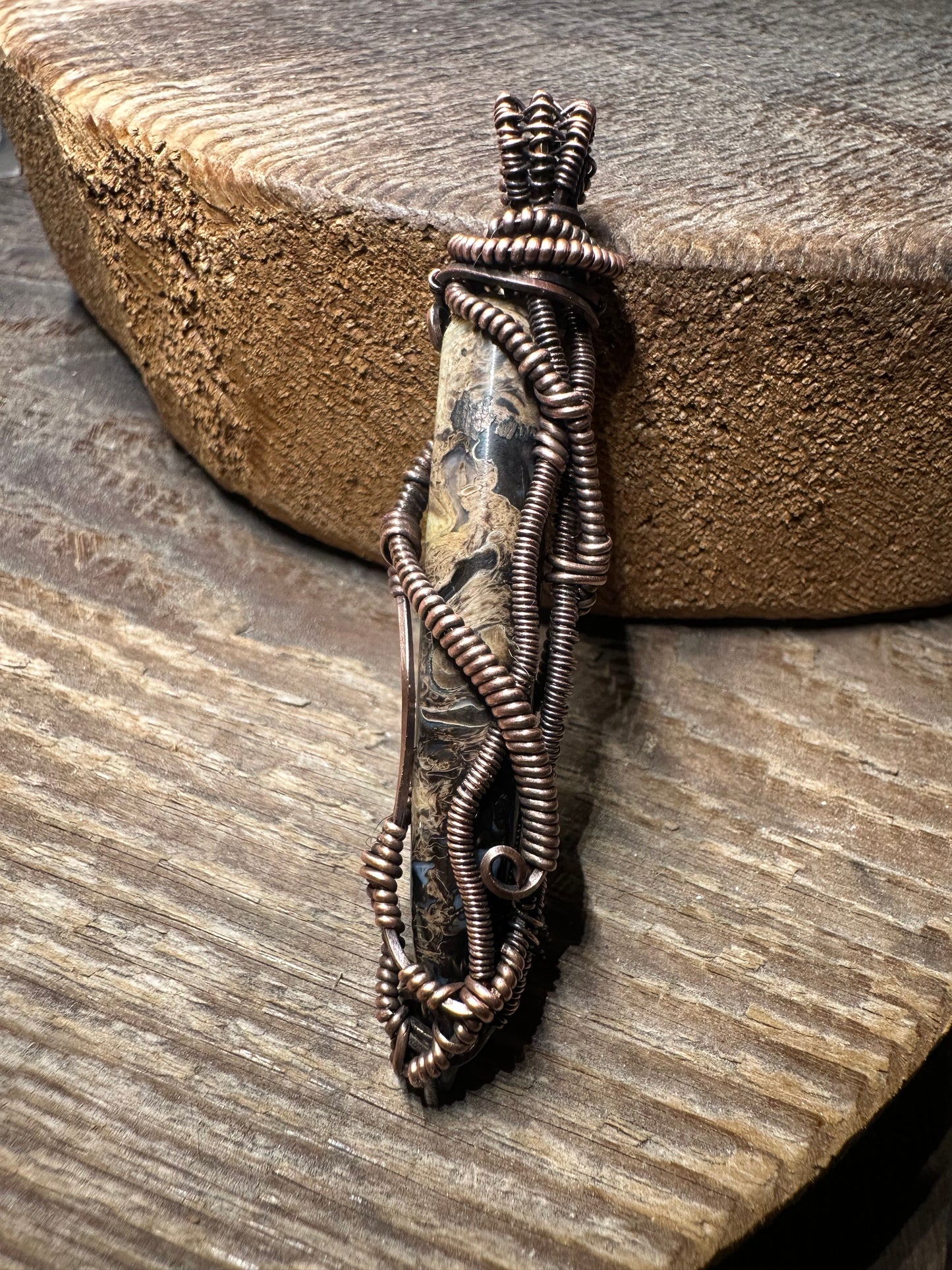 Fossil palm root copper pendant