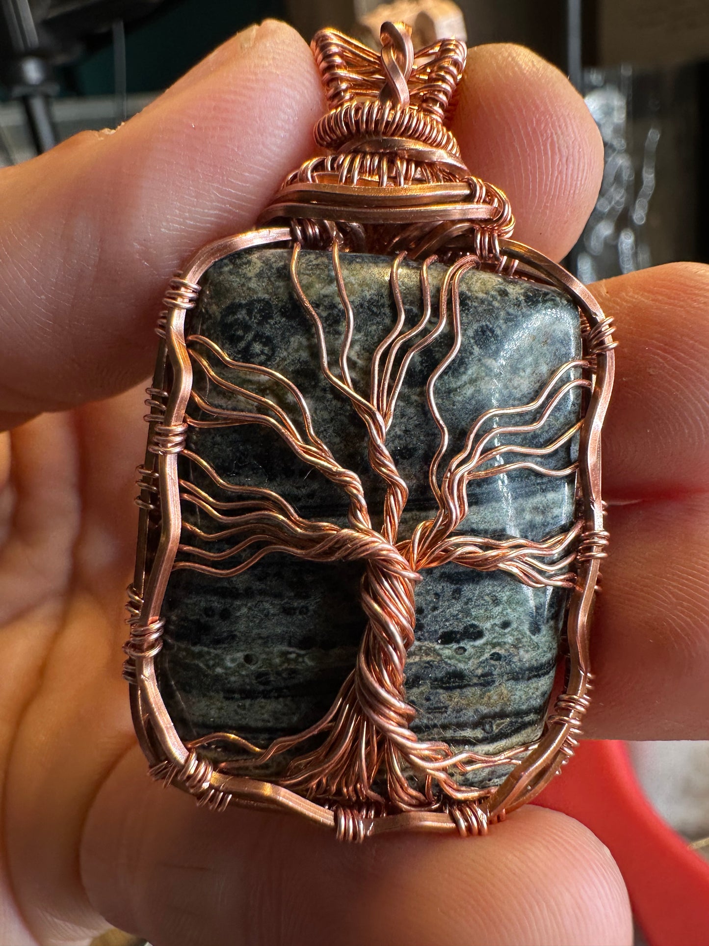Kambaba Jasper tree of life copper pendant