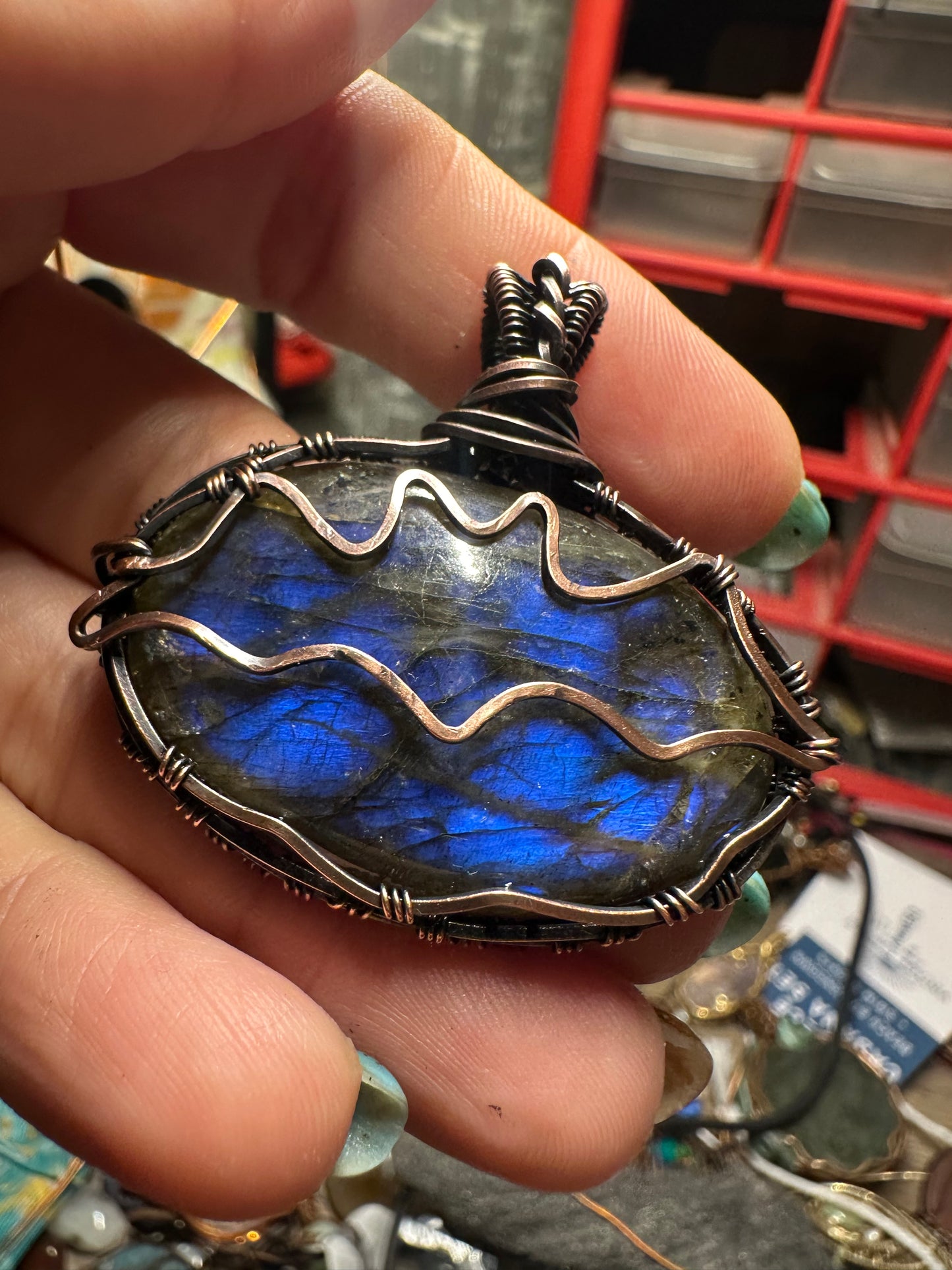 Labradorite bat copper pendant