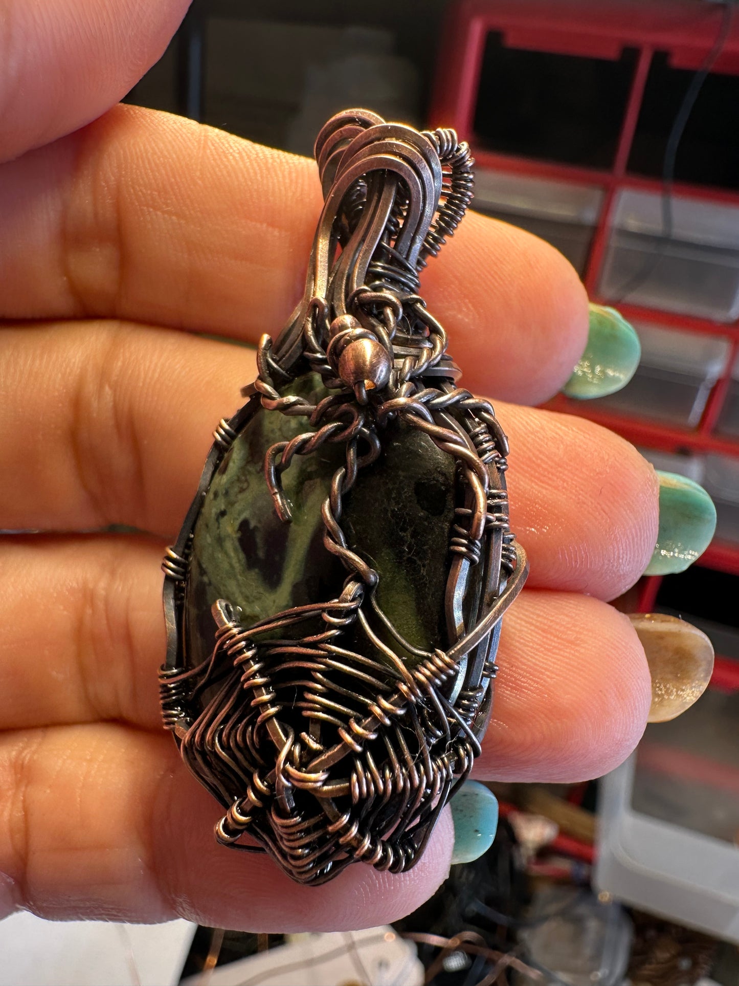 Kabamba Jasper Spider web copper pendant