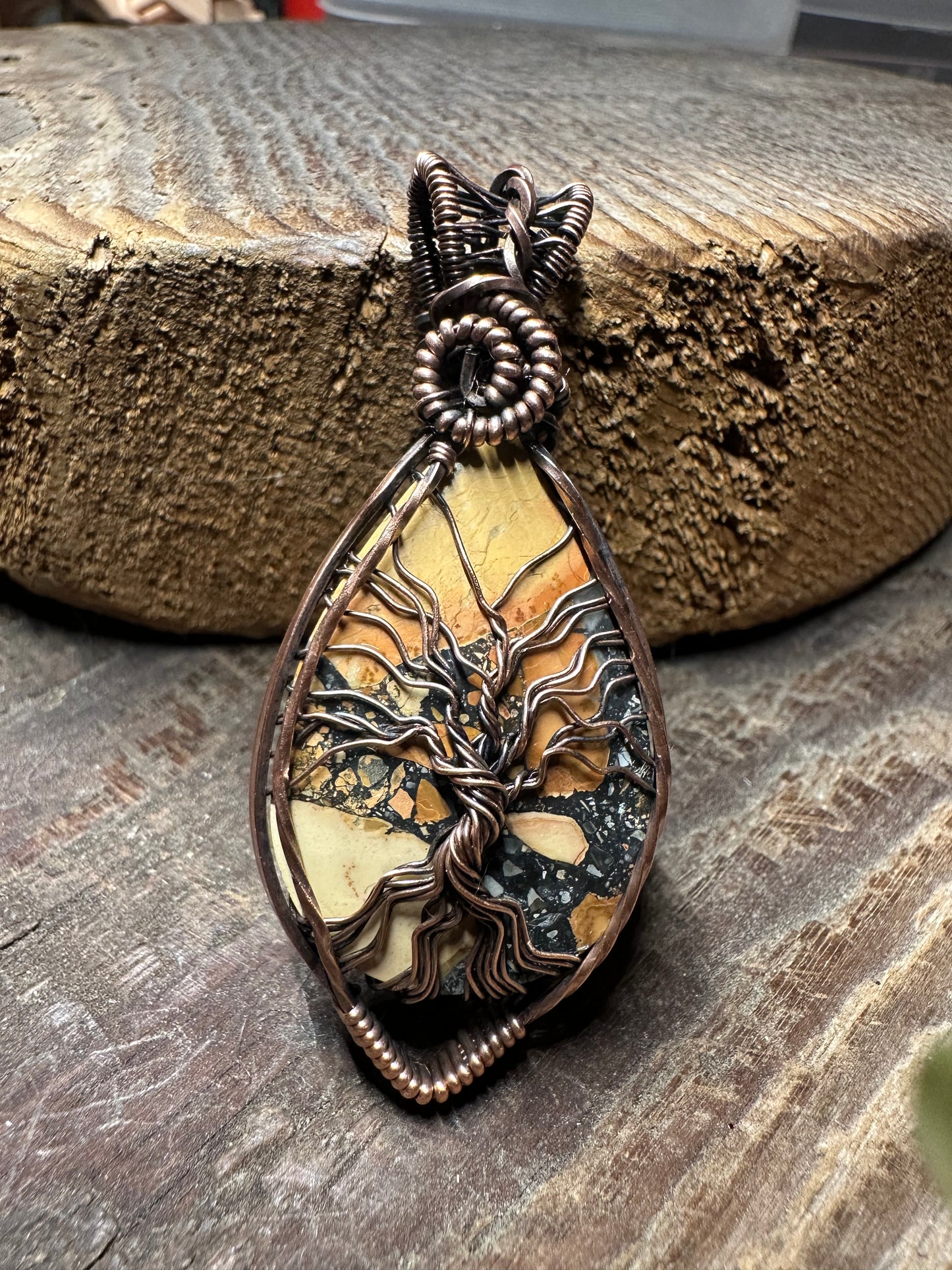 Maligano jasper Tree of life copper pendant