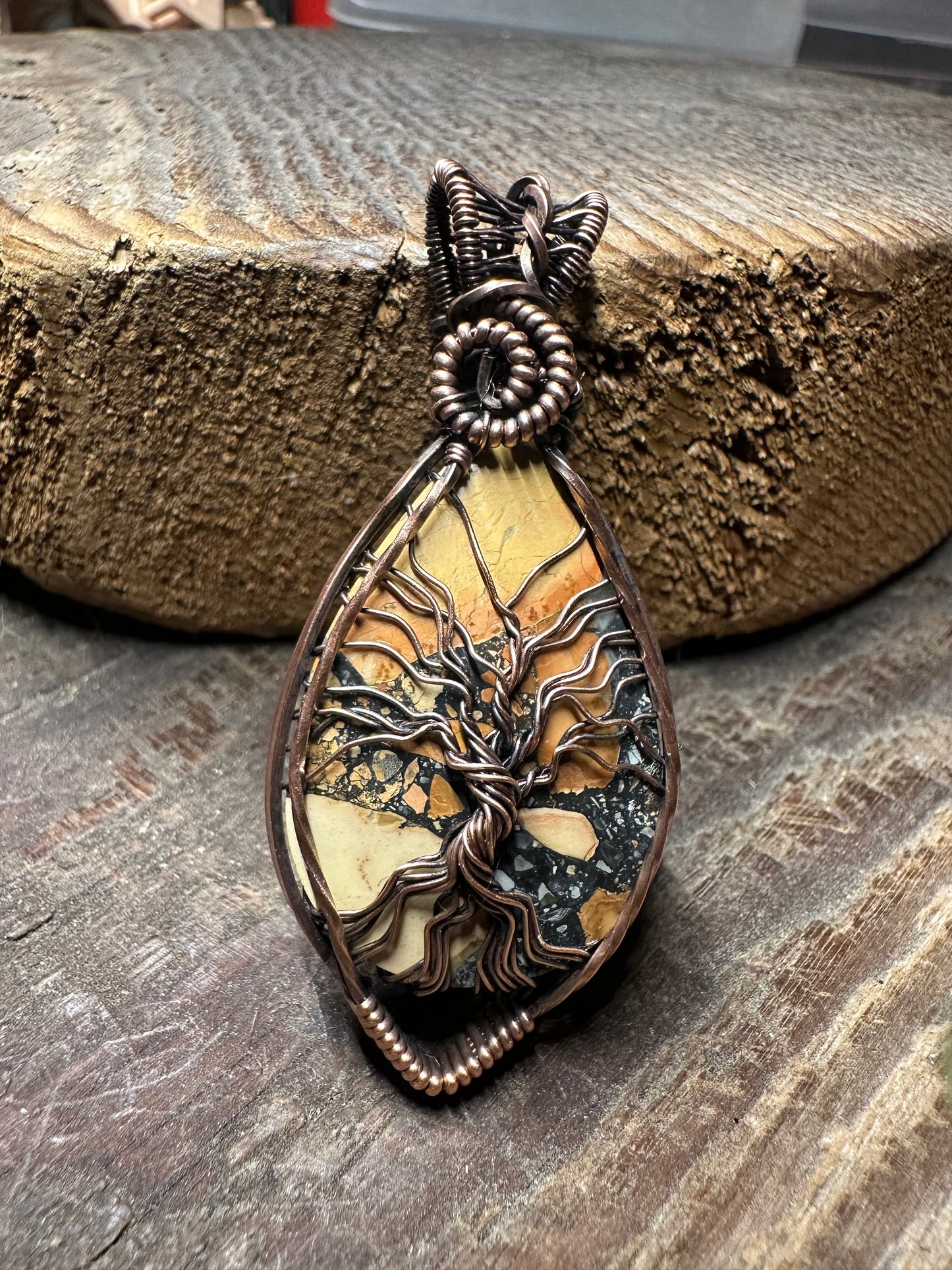Maligano jasper Tree of life copper pendant