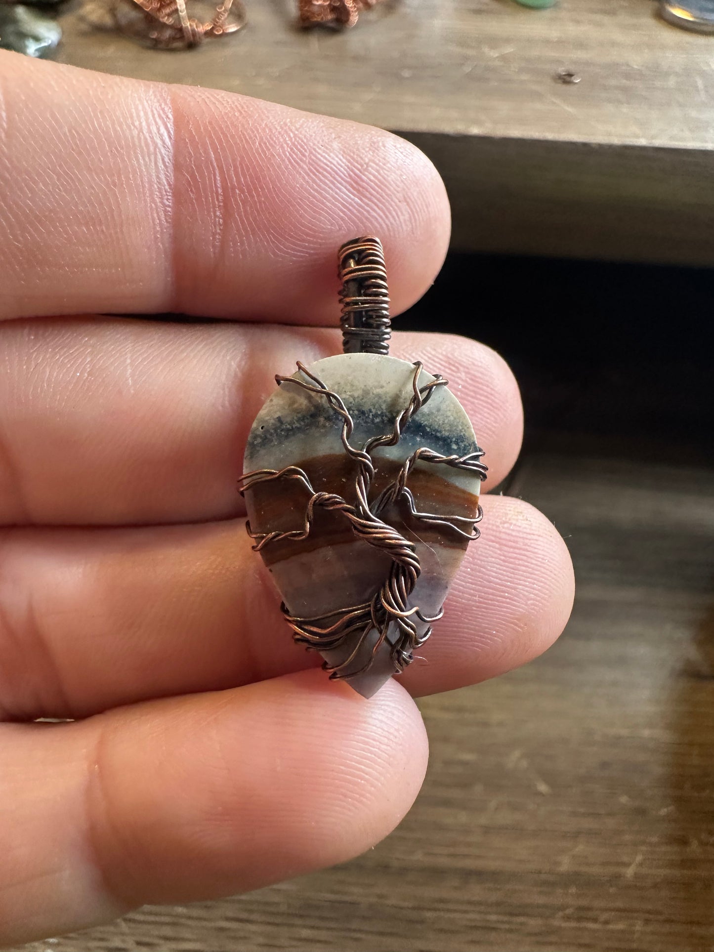 Banded agate tree of life copper pendant