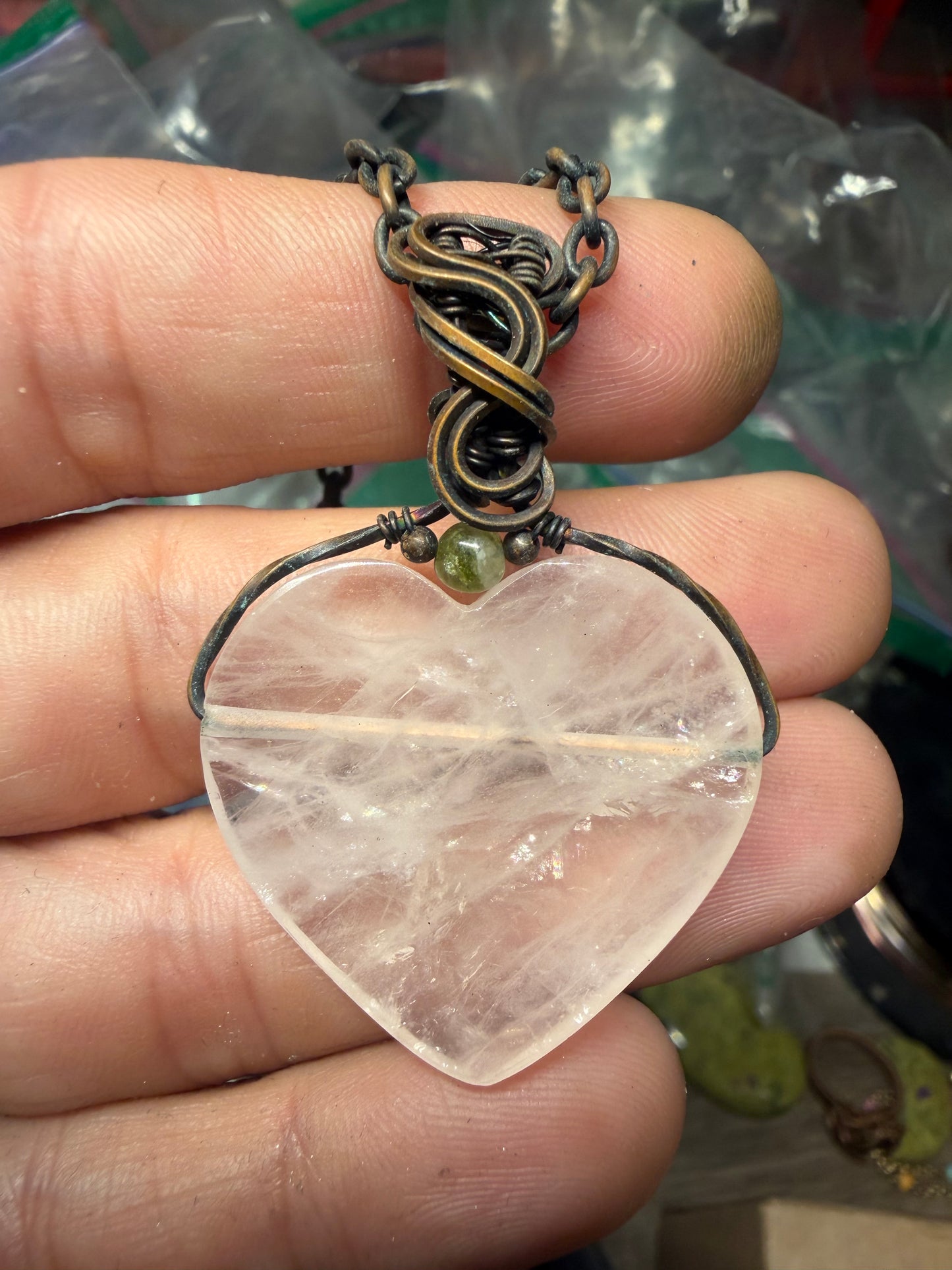 Rose quartz heart copper pendant