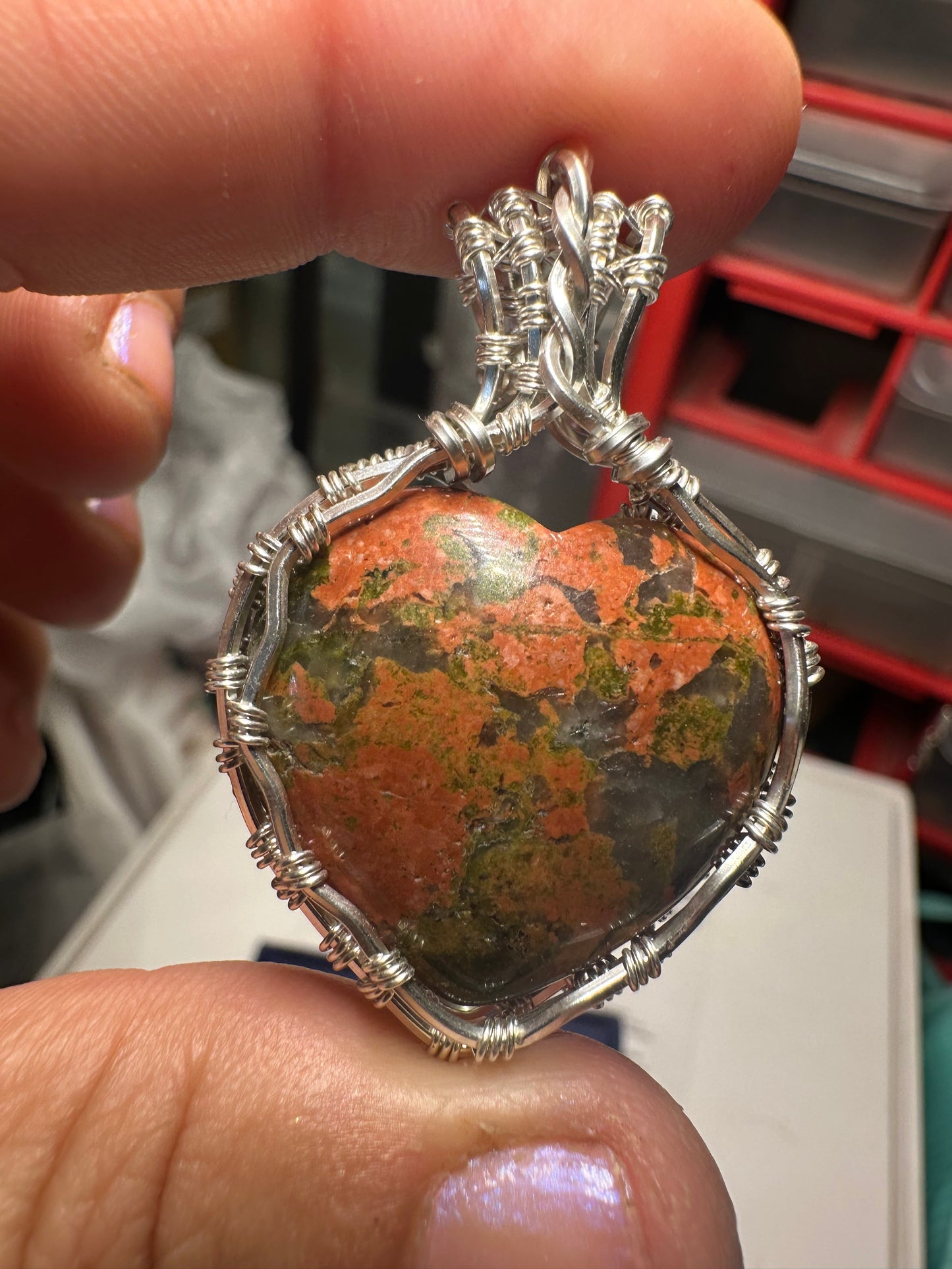 Unakite heart sterling pendant