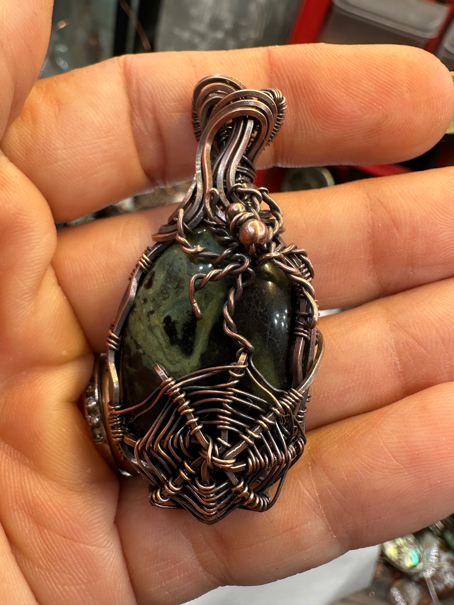 Kabamba Jasper Spider web copper pendant