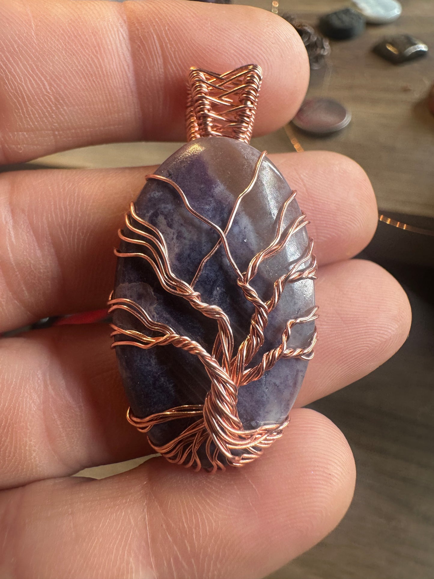 Tiffany stone tree of life copper pendant