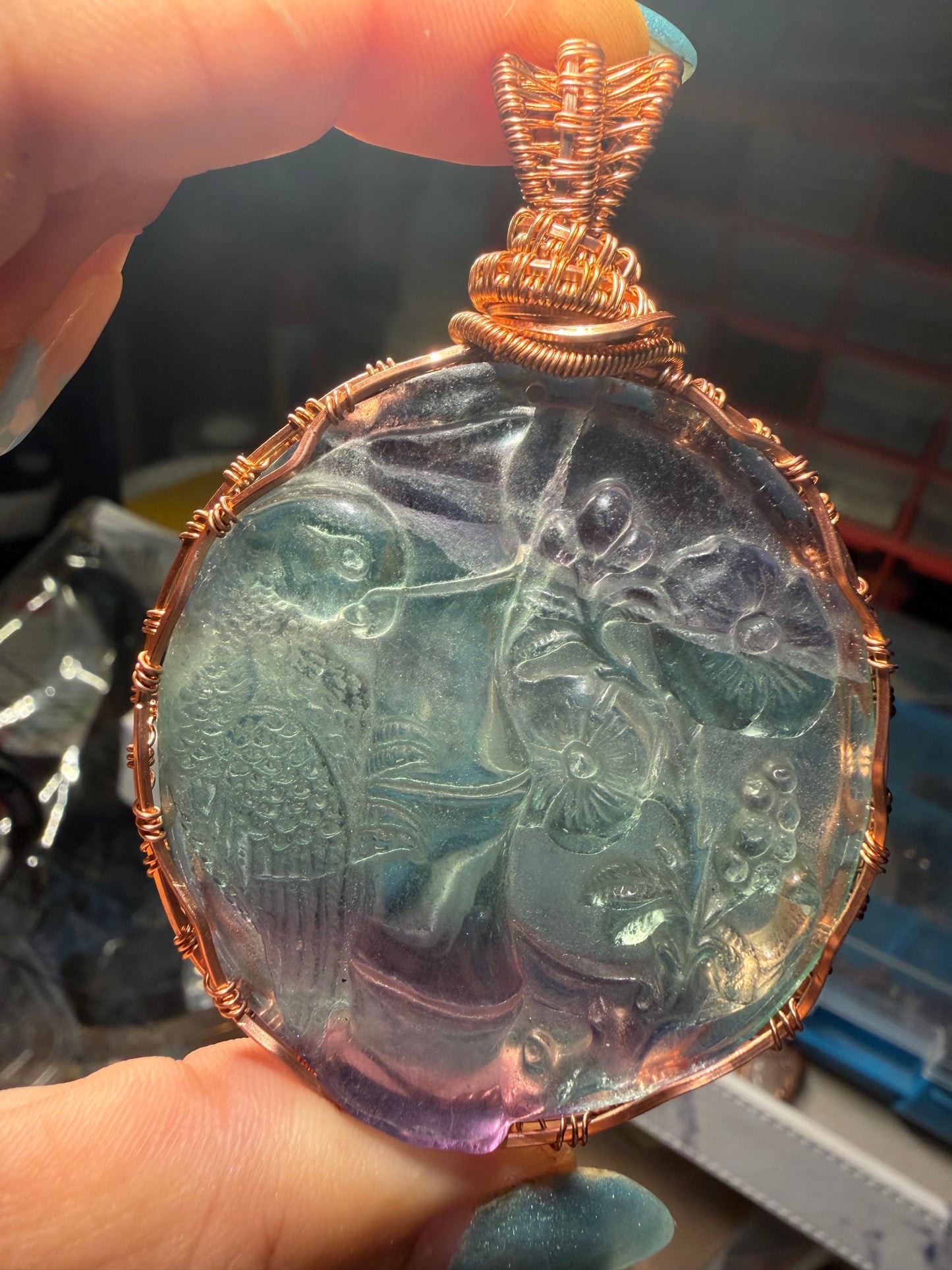 Fluorite carving copper pendant