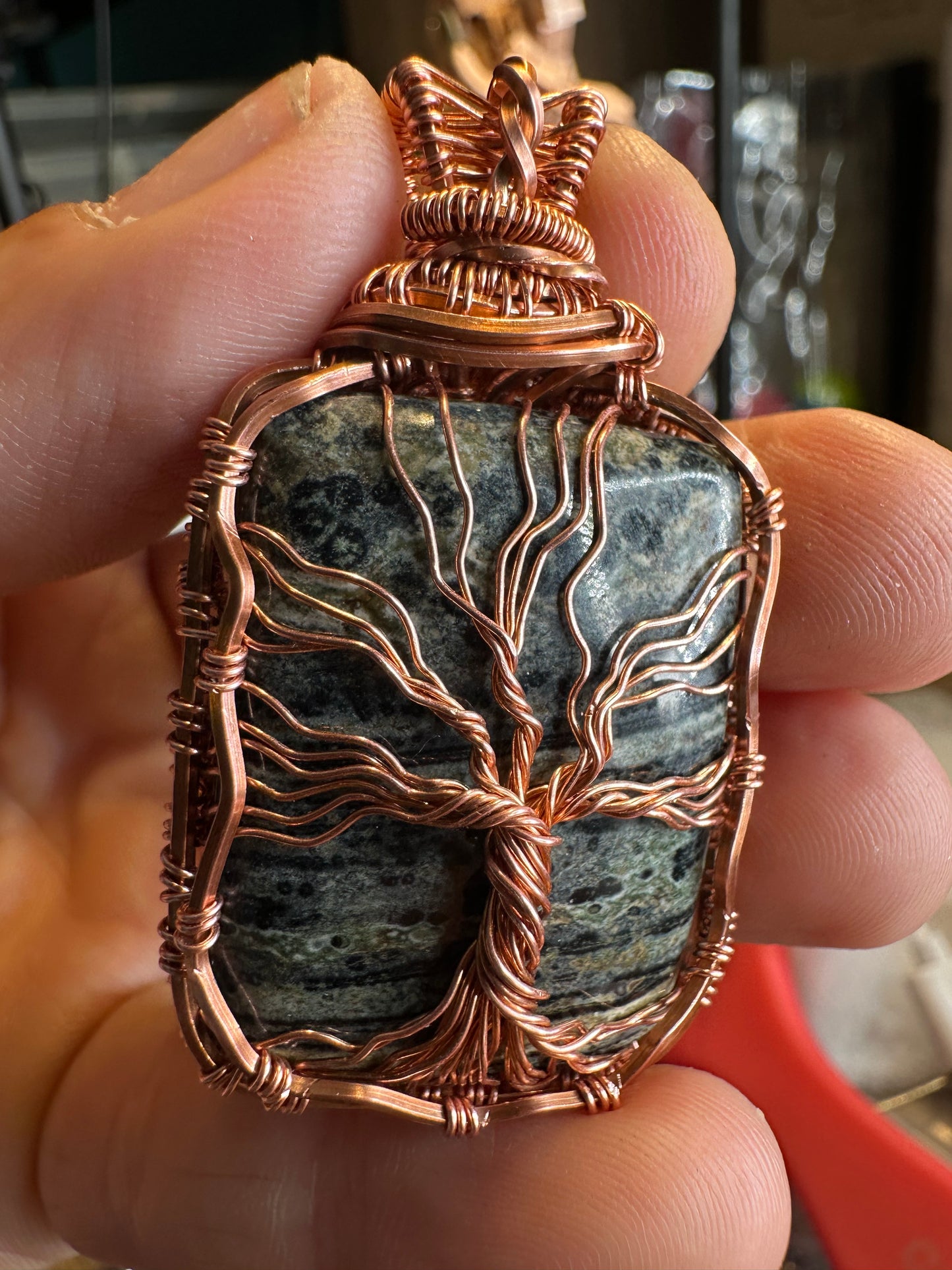 Kambaba Jasper tree of life copper pendant