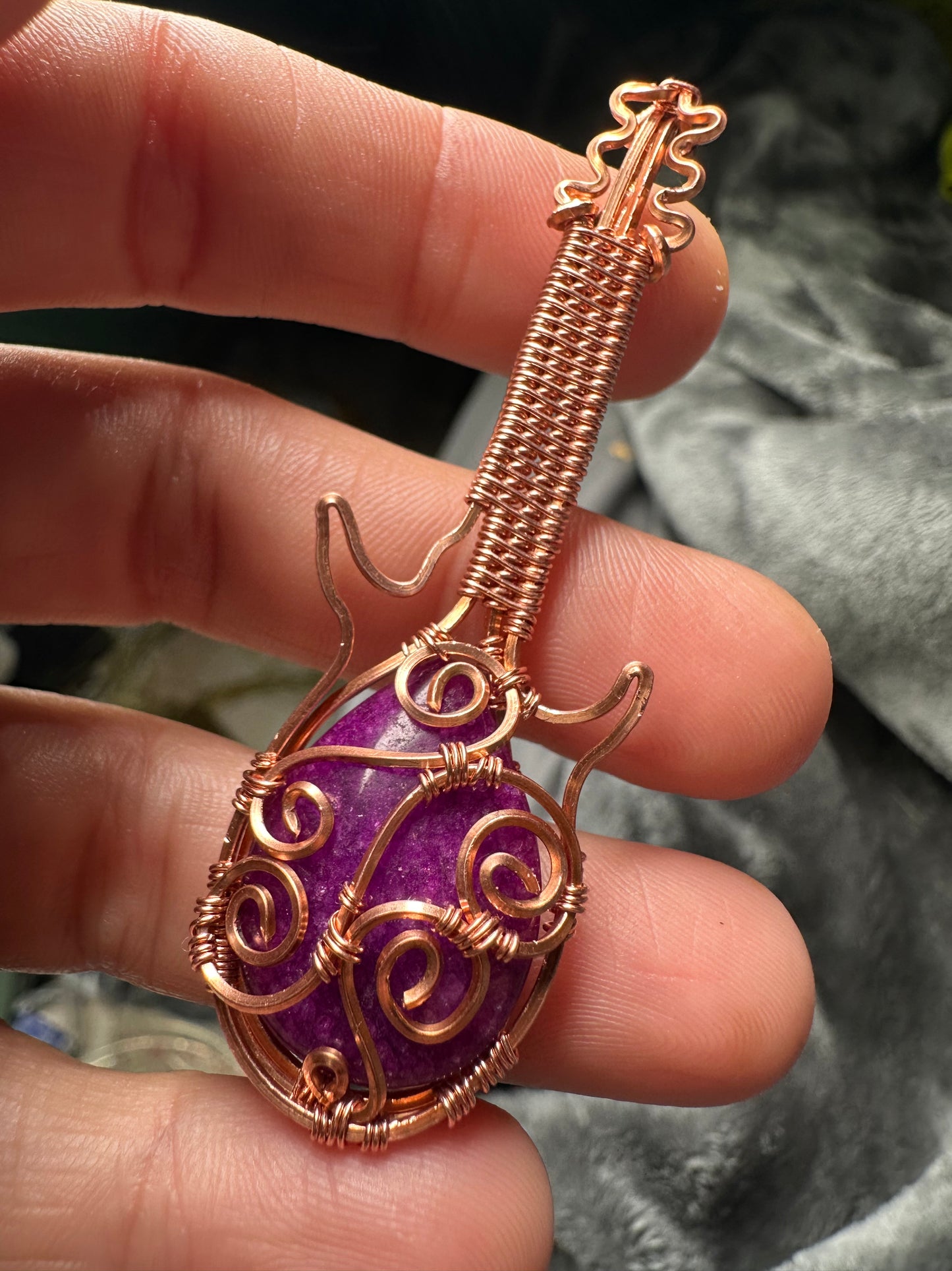 Guitar inspired Aventurine (dyed) pink copper pendant