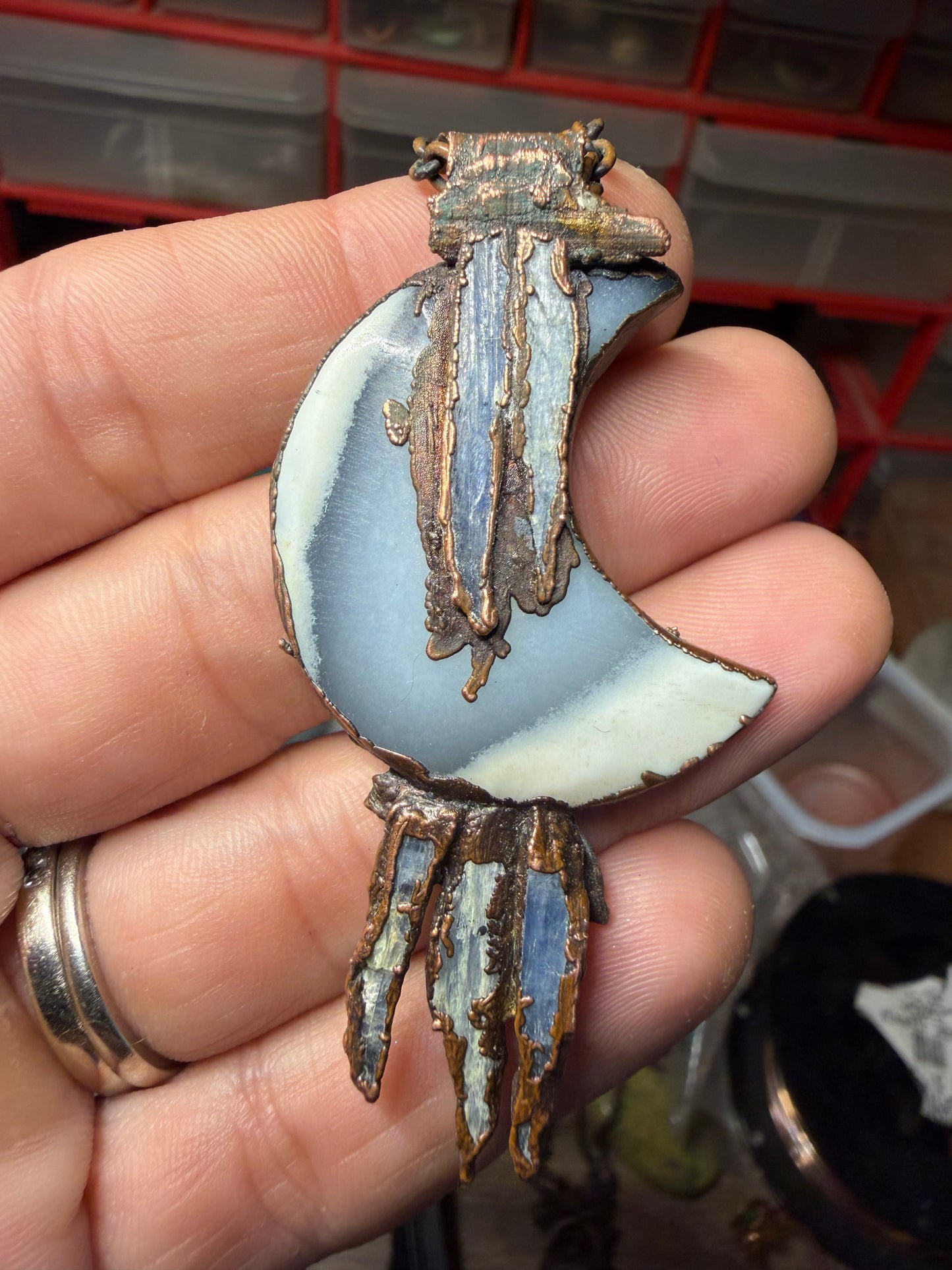 Blue opal Electroformed moon pendant