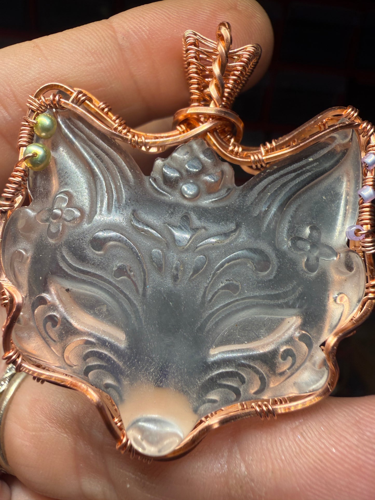 Fox clear quartz copper pendant