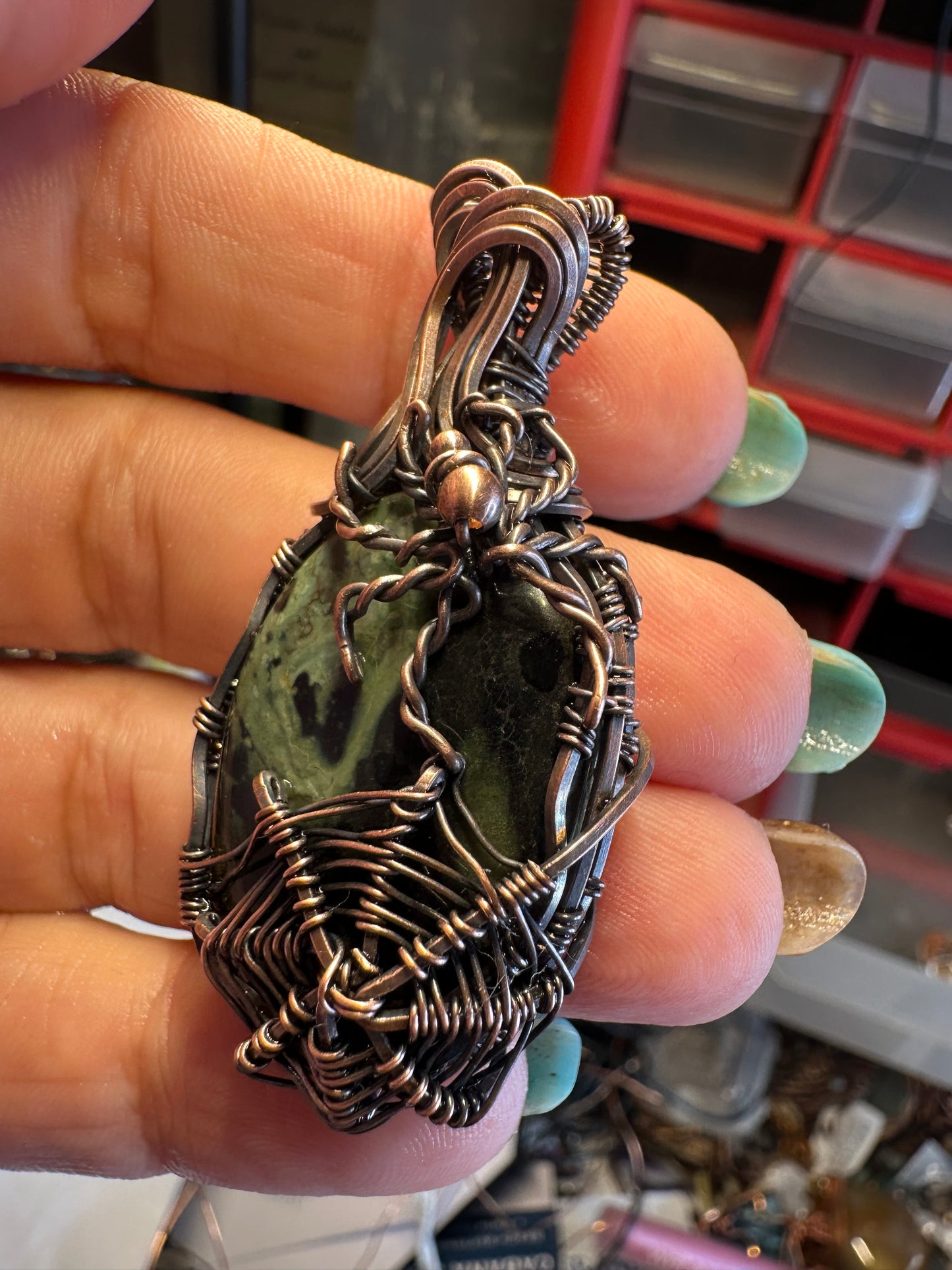 Kabamba Jasper Spider web copper pendant