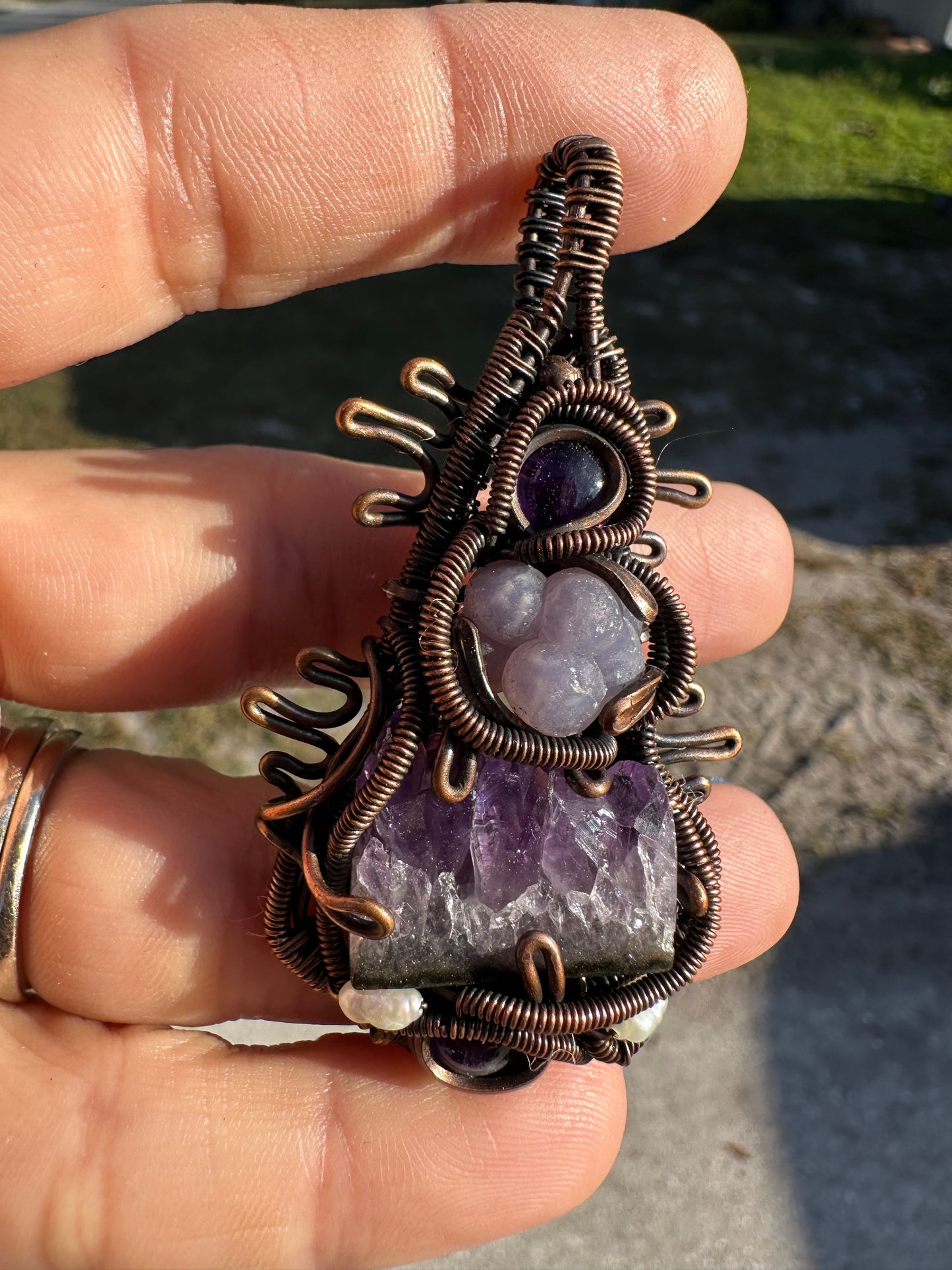 Amethyst and grape agate copper pendant
