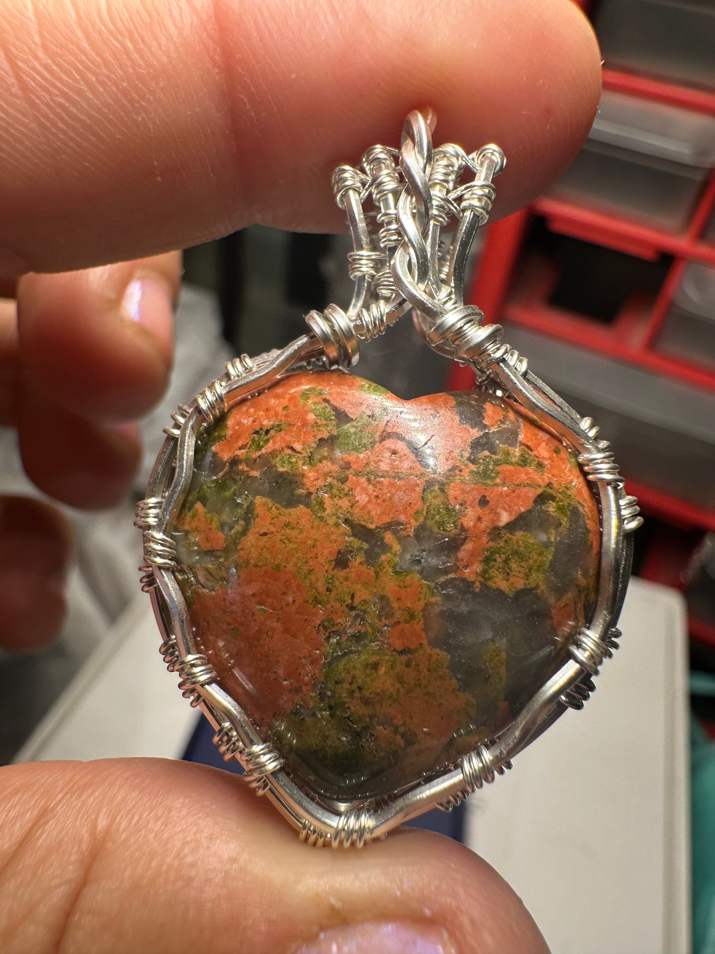 Unakite heart sterling pendant