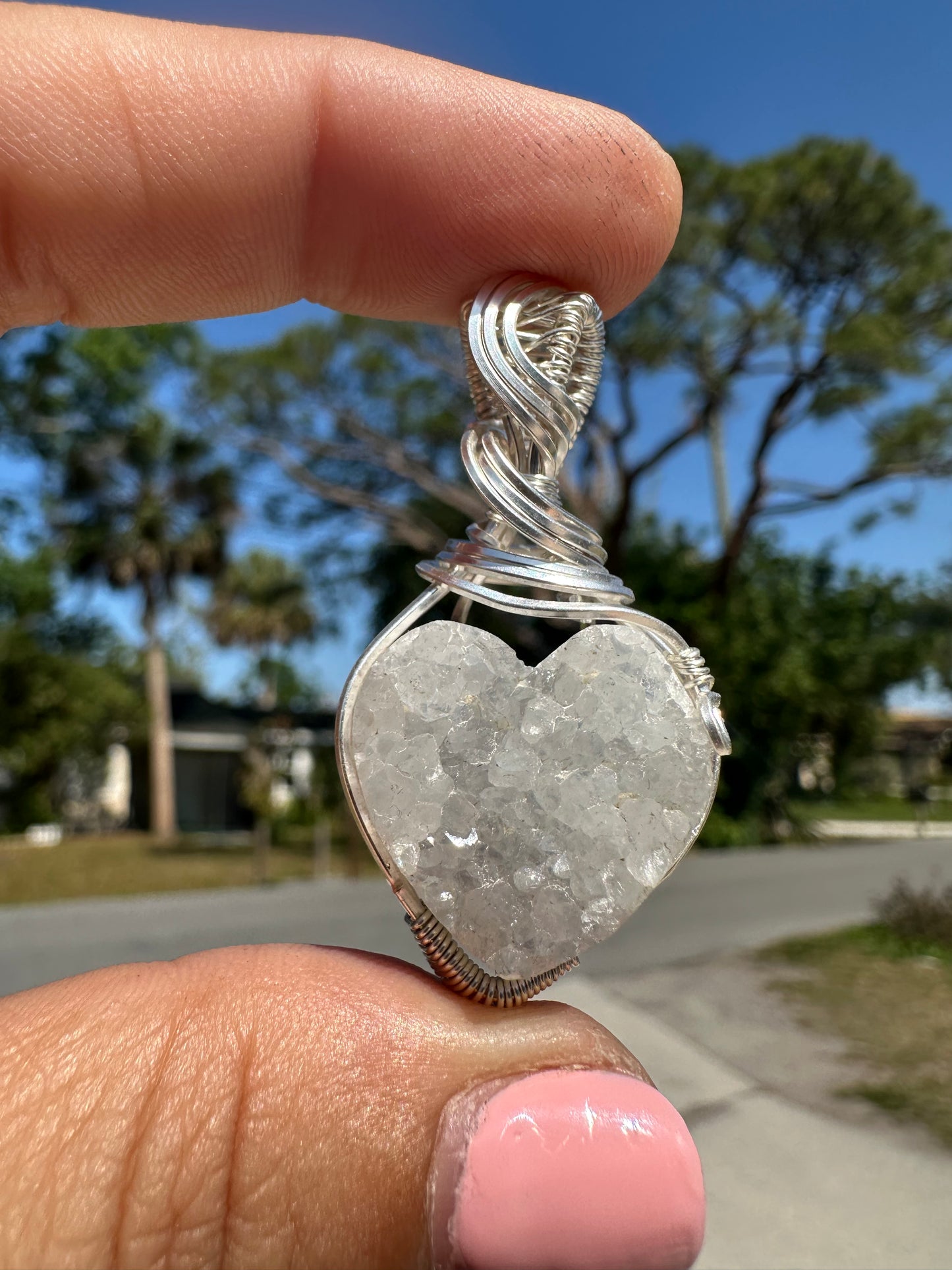 Drusy heart agate sterling pendant