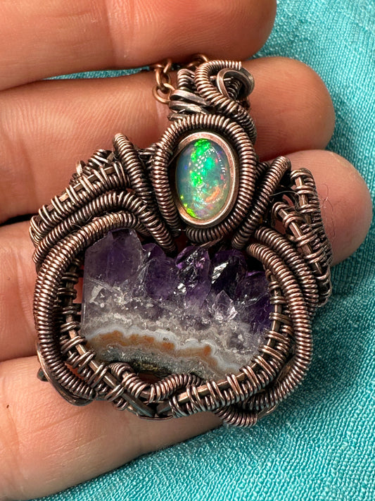Amethyst and opal copper pendant