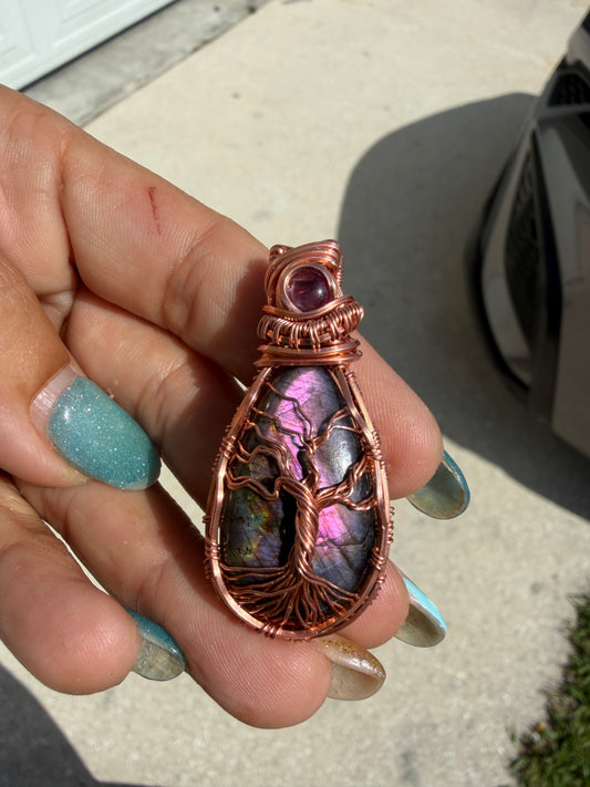 Purple labradorite tree of life copper pendant