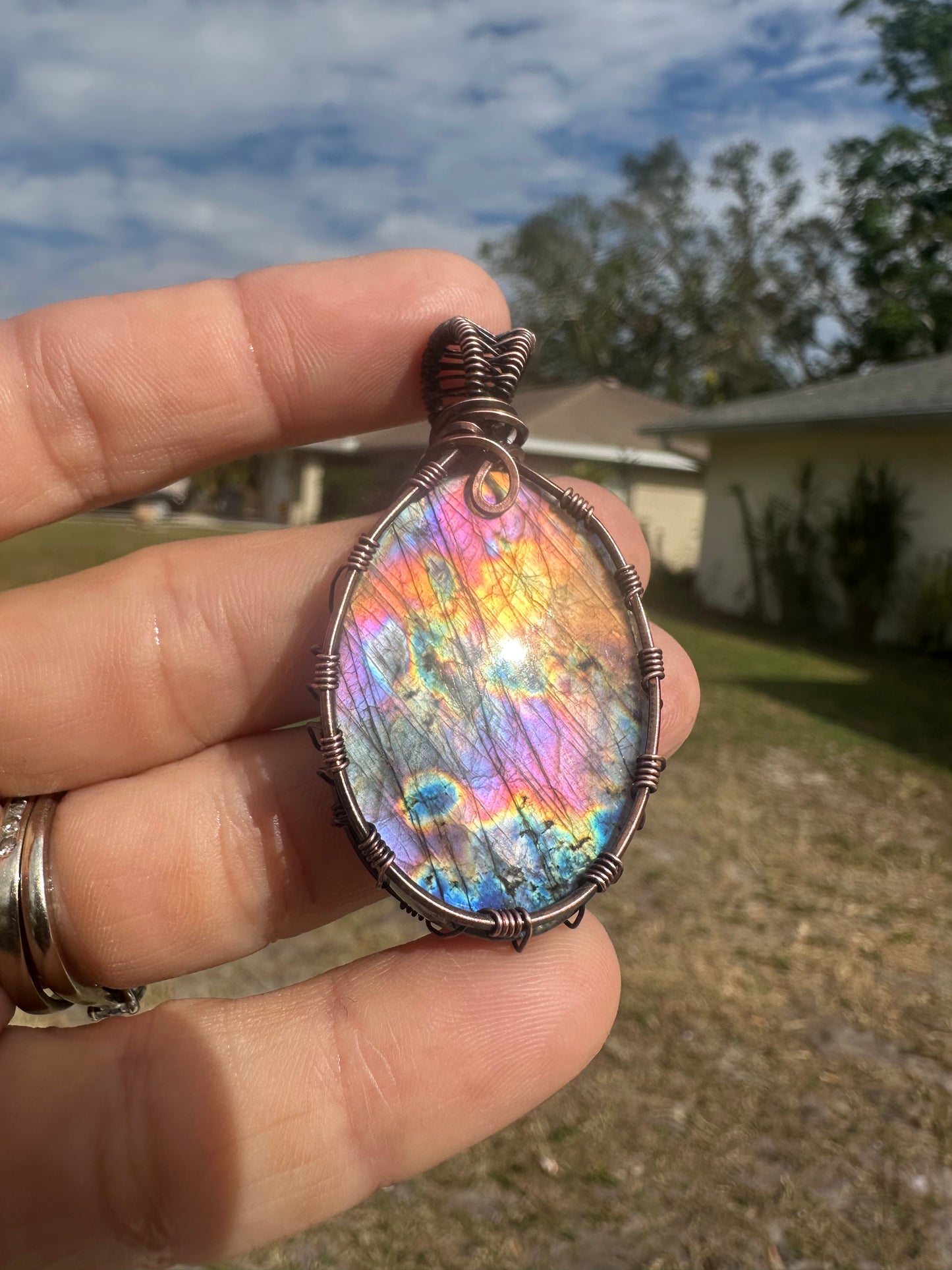 Spectrolite copper pendant