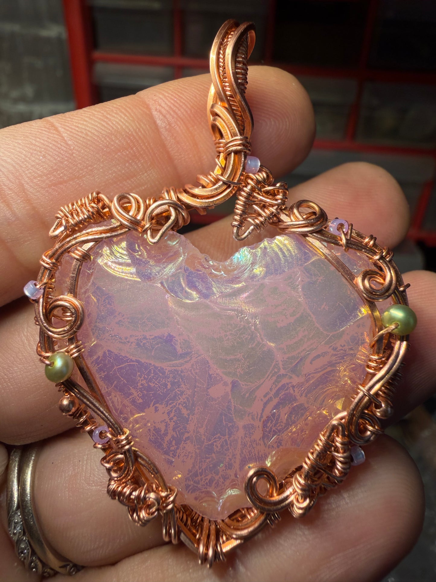 Aurora pink heart copper pendant