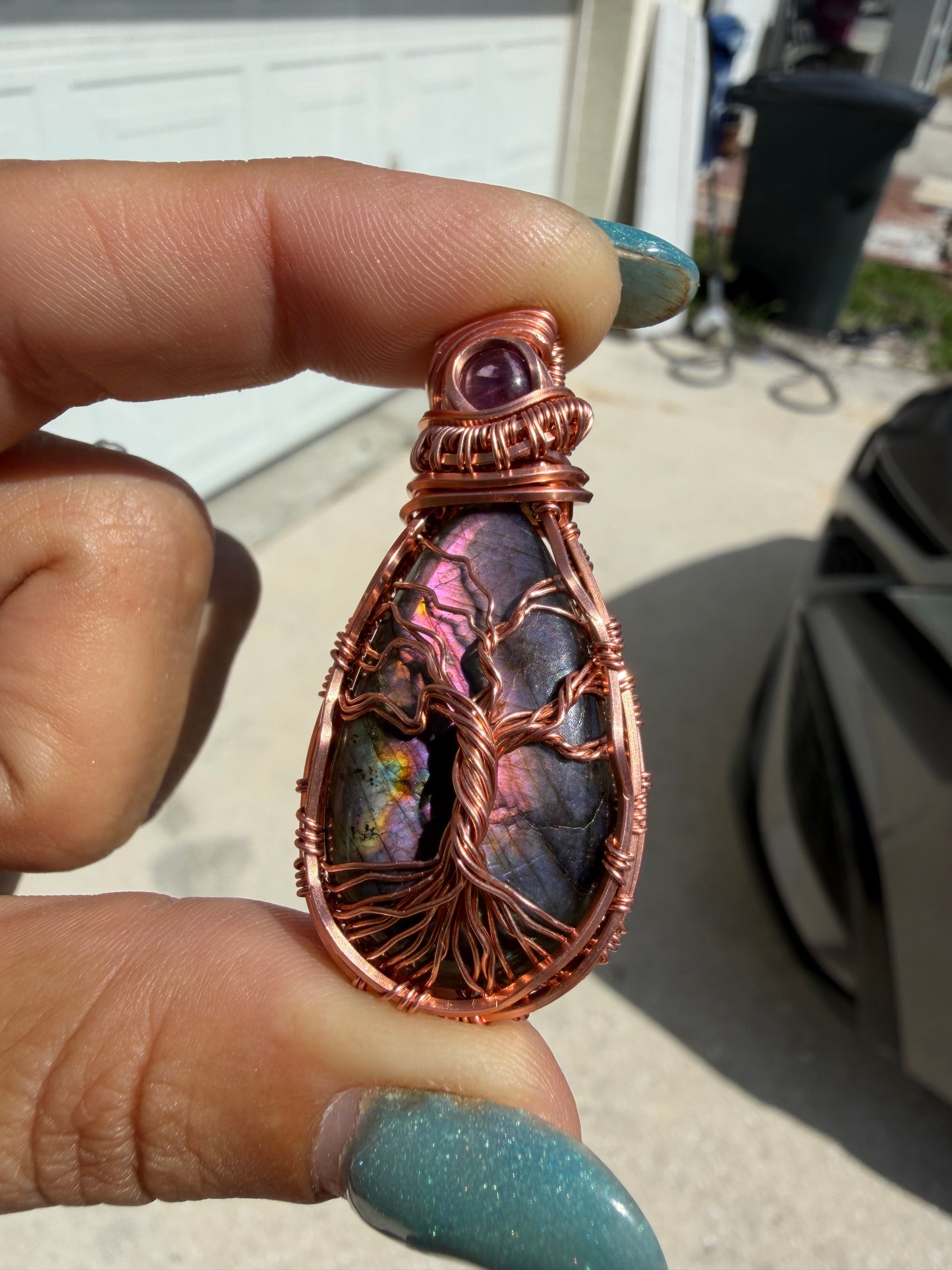Purple labradorite tree of life copper pendant