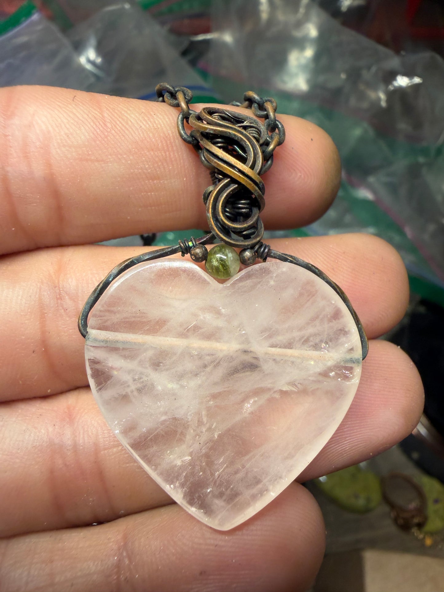 Rose quartz heart copper pendant